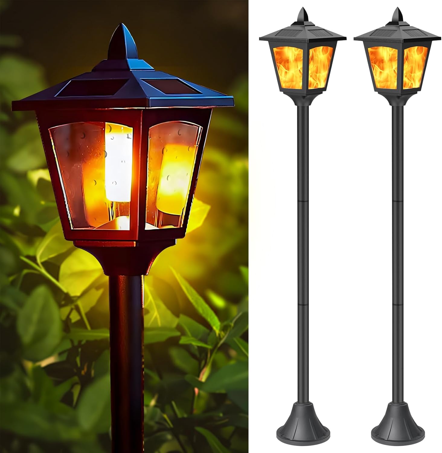 2/4 Pack 40" Solar Post Lights Outdoor, Flame Flickering LED Lanterns with Dusk to Dawn Sensor, IP65 Waterproof Solar-Powered Decorative for Garden, Patio, Yard, Driveway, Pathway Lighting