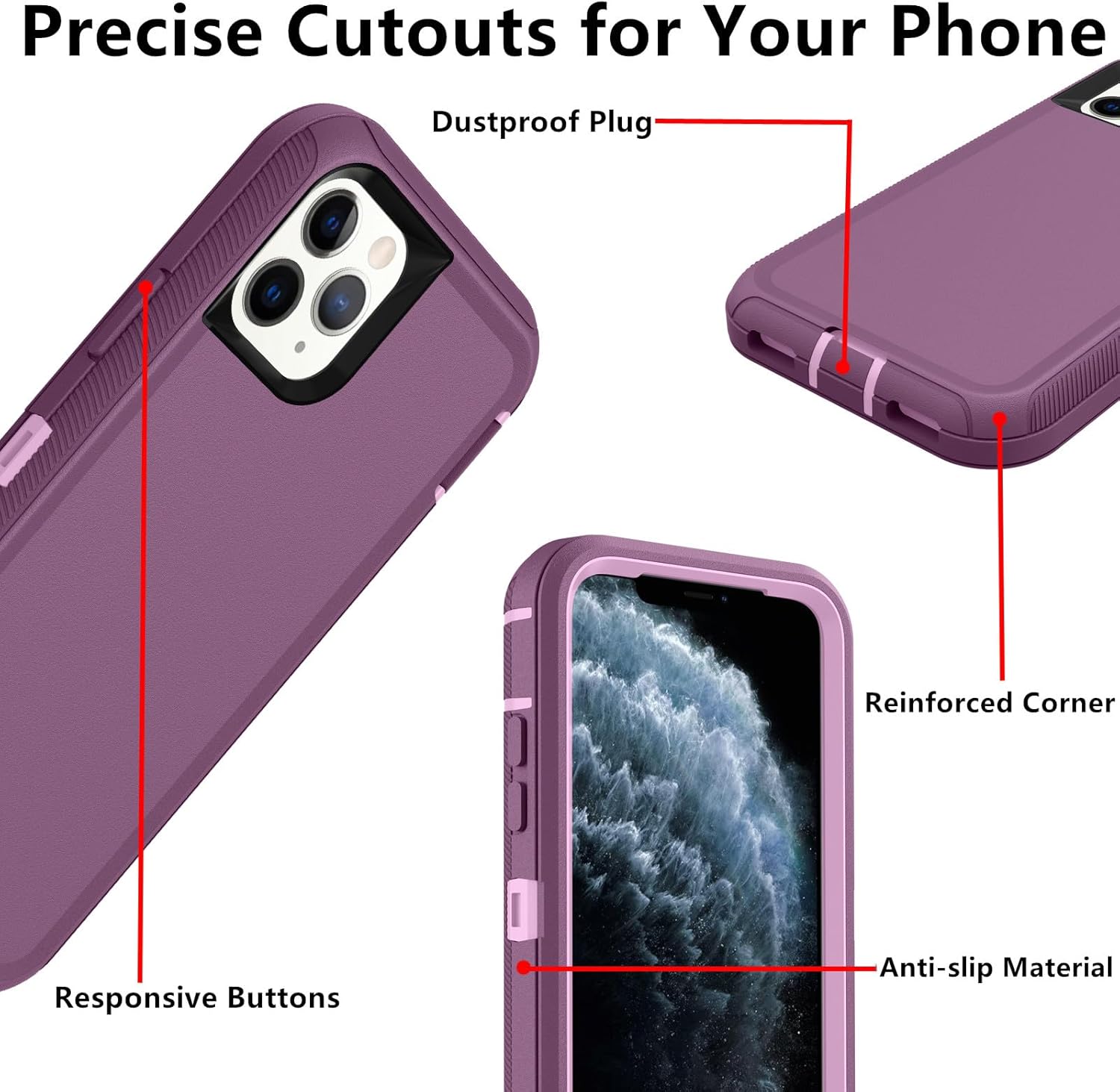for iPhone 11 Pro Case, (Not Fit 11) Defender Case Heavy Duty Shockproof Dustproof 3 in 1 Rugged Protective Phone Cover for iPhone 11 Pro 5.8 inch (Pink/Purple) - Image 4