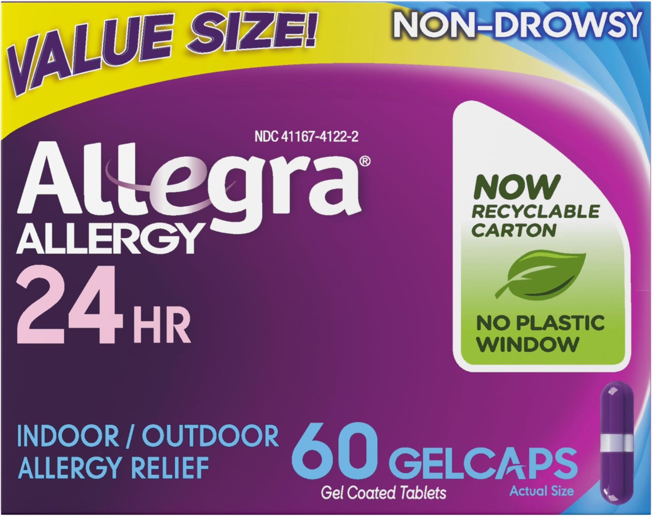 Adult 24-Hour Allergy Relief Gelcaps, Non-Drowsy Indoor and Outdoor Allergy Medicine, 180 mg Fexofenadine HCI Antihistamine Pill, 60-Count