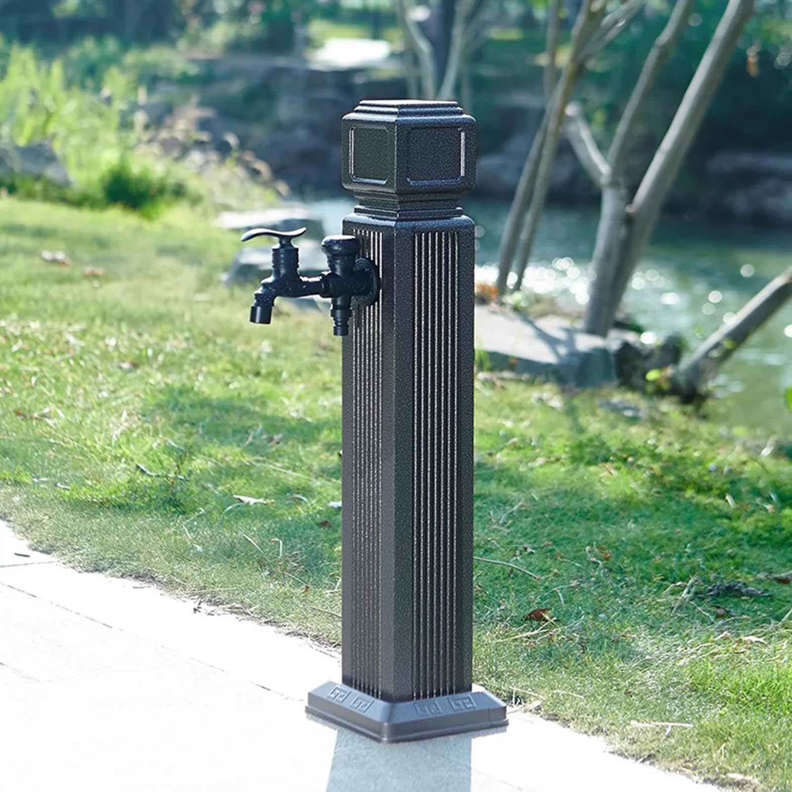 WOTZOV Aluminum Alloy Outdoor Garden Water Column, Freestanding Fountain With Hose Hanger Stand, Black Floor Mounted Tap, Garden Water Column 65Cm, Square