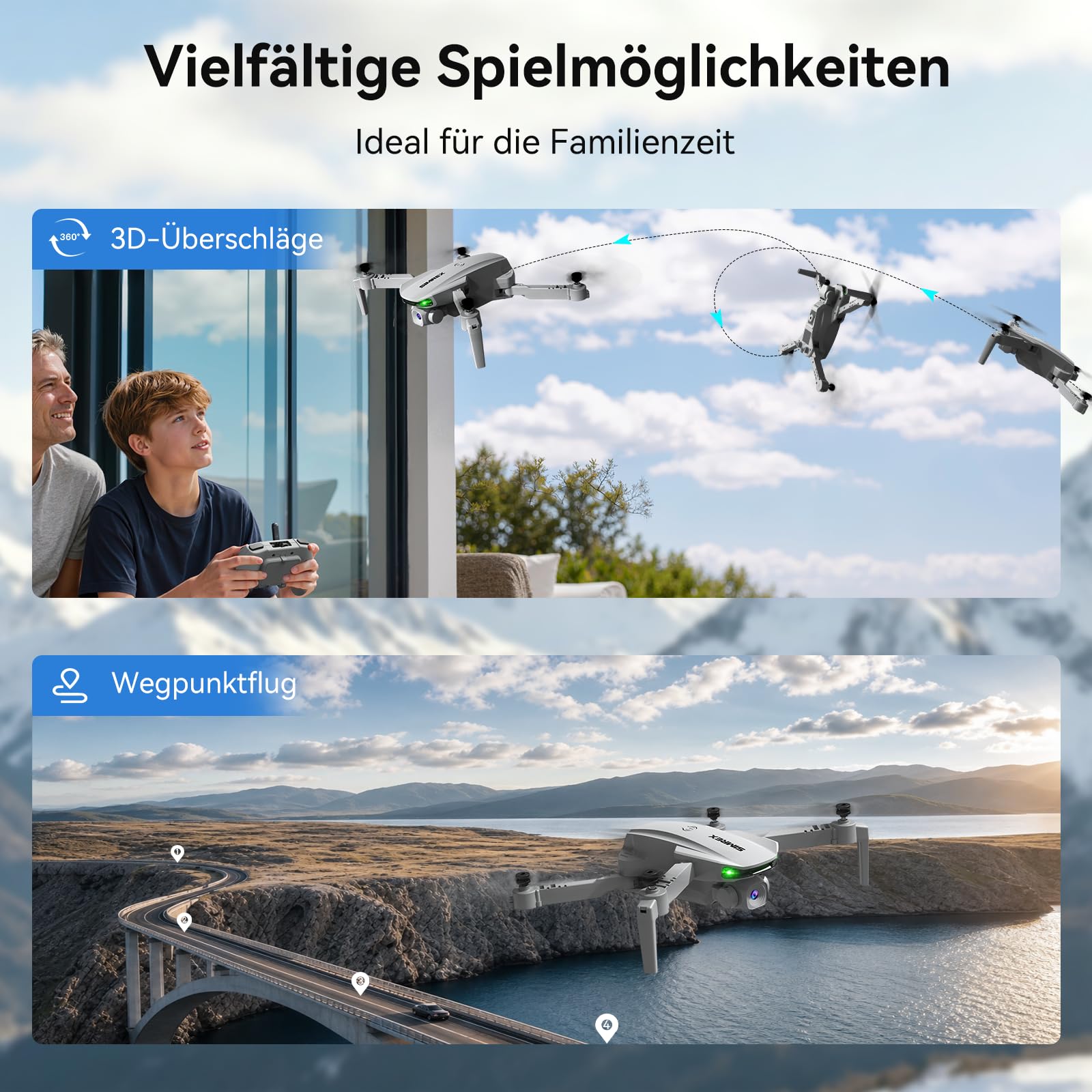 SIMREX Drohne mit Kamera für Kinder, Anfänger & Erwachsene – Faltbarer RC-Quadrocopter mit Höhenhaltung, Mini-Indoor-Drohne mit Ein‑Tasten‑Start, Geschenk für Jungen, Mädchen & Teenager