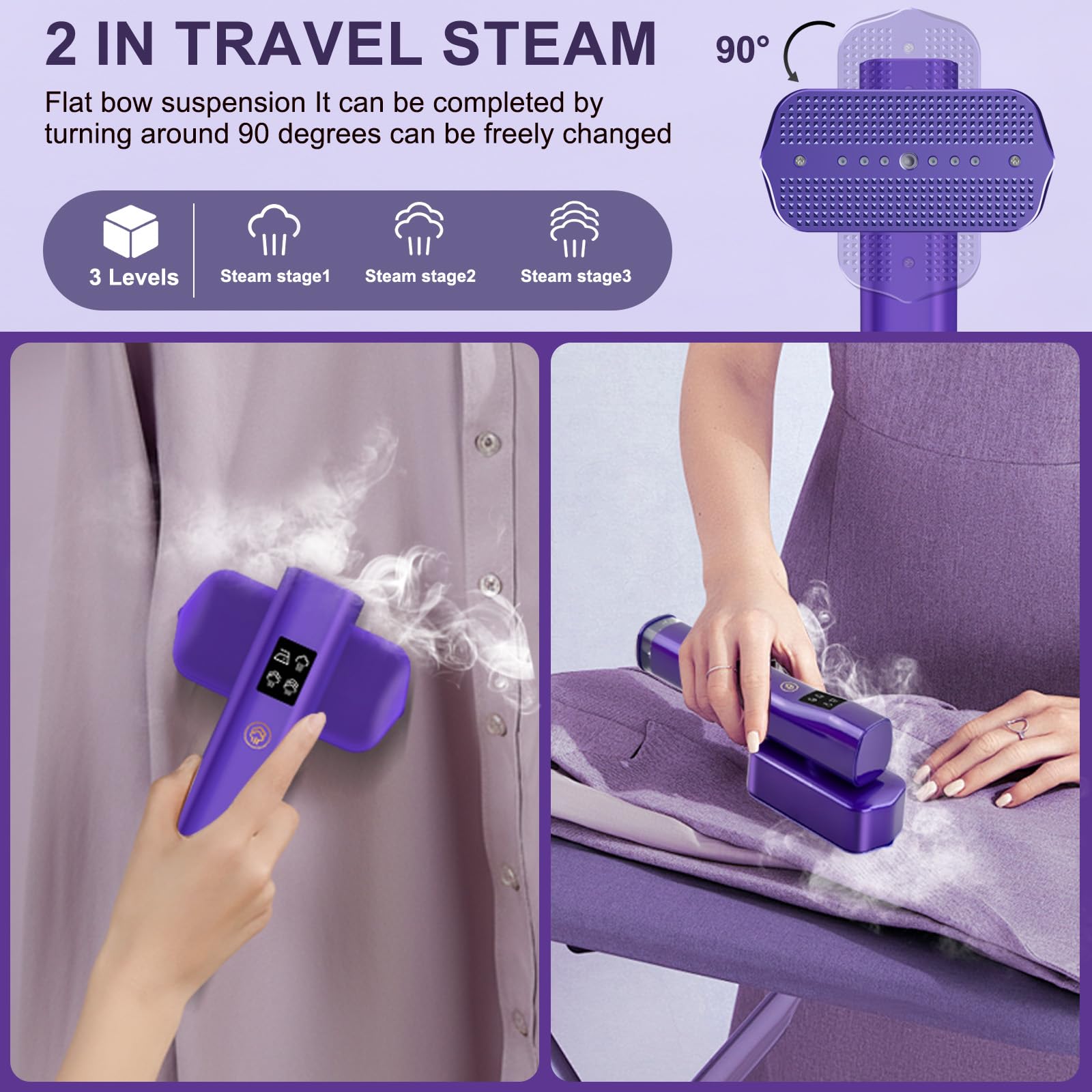 Ferro da Stiro Verticale, 2 in 1 Steamer Portatile a Secco e a Vapore 1200W, Ferro da Stiro da Viaggio con Display LED, Serbatoio da 100 ML, 4 Modalità, per Viaggi e a Casa (Viola)