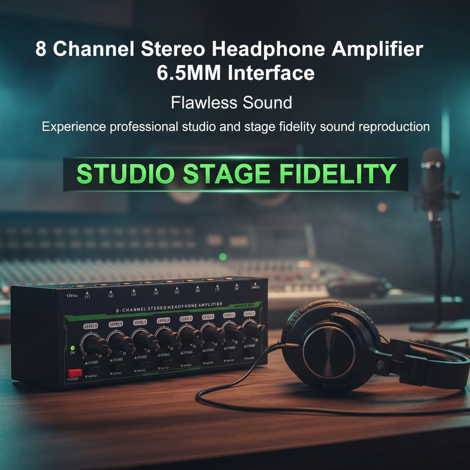 Amplificador de Auriculares Studio con Salida de 8 Canales, Ajuste de Volumen Independiente, Conectores estéreo de 6,35 mm y Modo Mono/estéreo Seleccionable para grabación