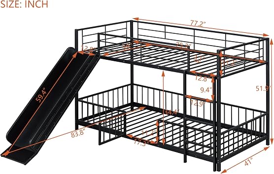 Bellemave Twin Over Twin Bunk Bed with Slide and Ladder, Metal Low Bunk Bed for Kids, Girls, Boys, Removable Fence, with Door, Black