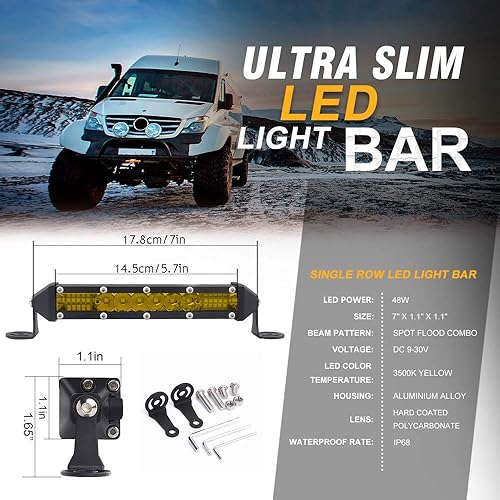 Miniatura 3 de SAMMAN Barra de luz LED de 7 pulgadas de 48 W con foco amarillo de inundación, haz combinado de luz de conducción todoterreno, barra de luz