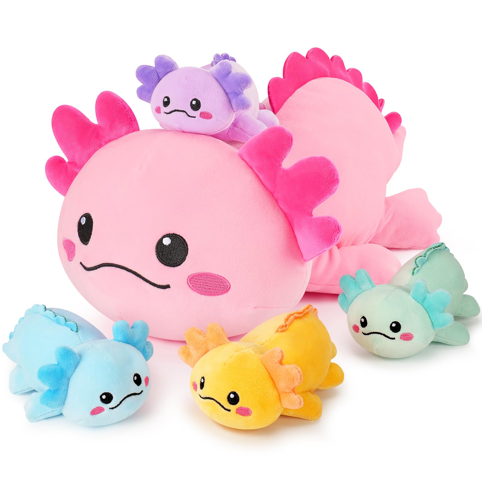 Auspicious beginning 5pcs Stuffed Axolotl Plush Stuffed Animals Axolotl Toy Plush Mommy with 4 Baby, Simulation Animal Large Mommy Plushies Cuddly Toy Hugging Pillow Soft Plushie Gift