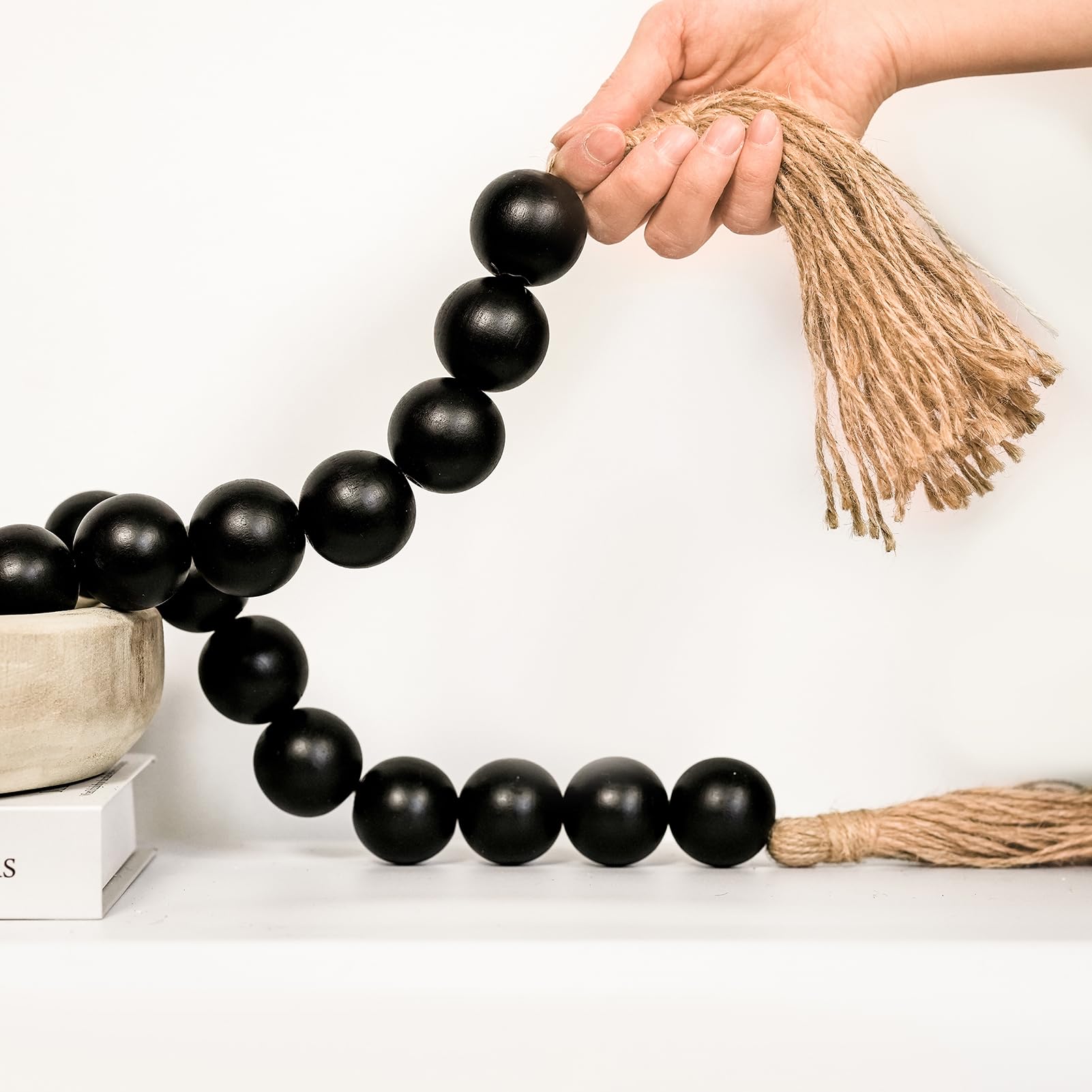 Black Large Chunky Wood Bead Garland with 1.4" Diameter Wooden Beads, 58" Long Wooden Beads Garland with Tassels, Decorative Beads for Boho, Farmhouse Decor