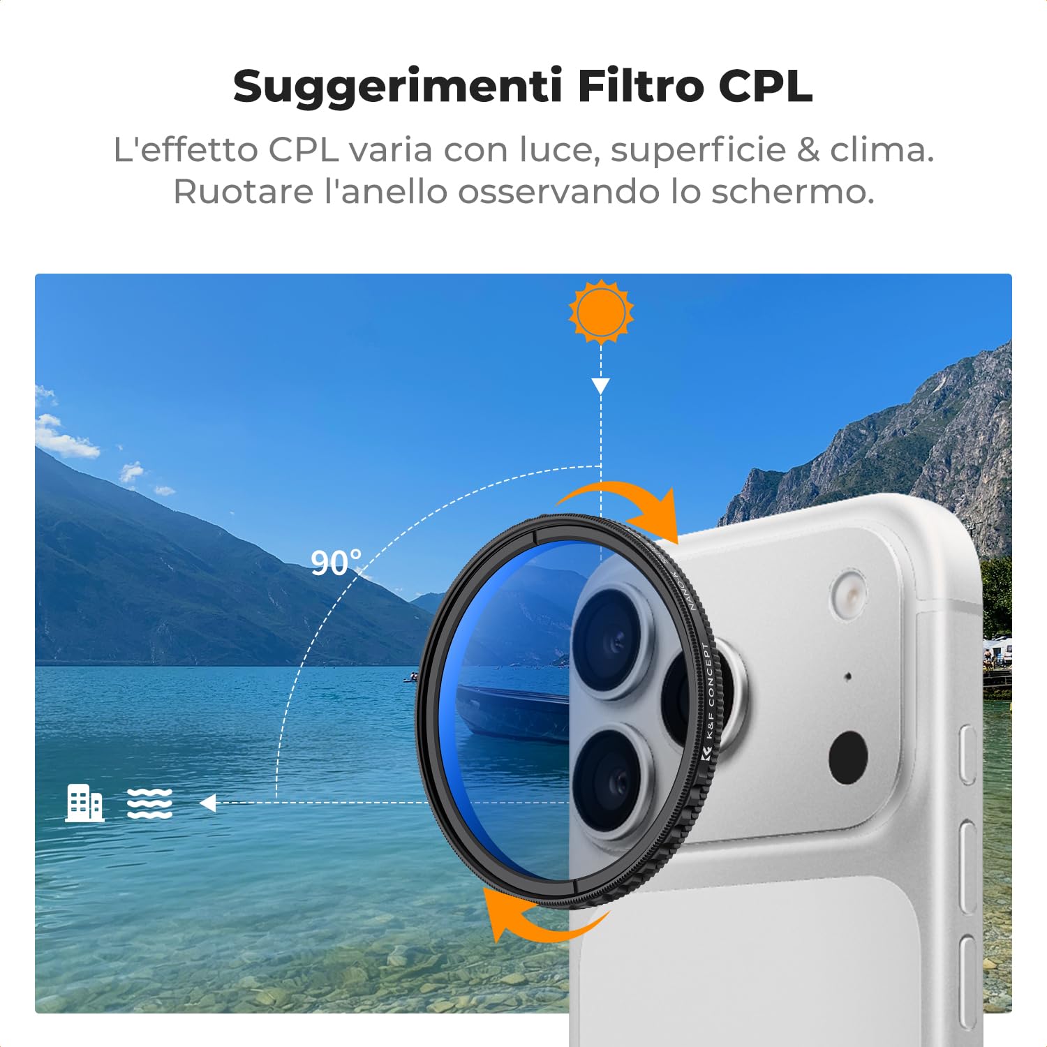 K&F CONCEPT 52mm Clip-on Filtro Polarizzatore Circolare per Cellulari Telecamera, Telefono Filtro CPL Compatibilie con iPhone 16 15 Pro Max 14 13 12 11
