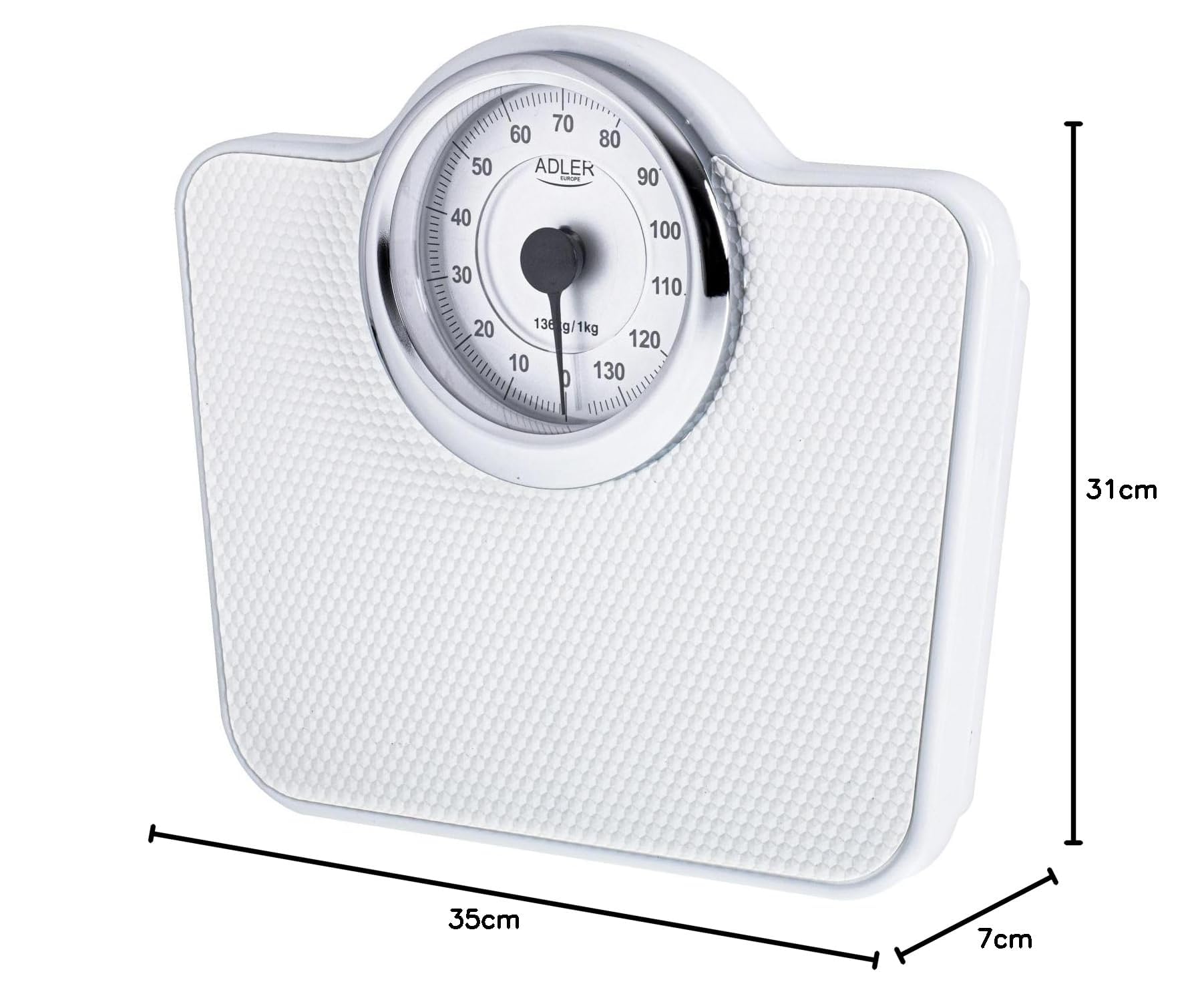 ADLER AD 8180 - Bilancia pesapersone meccanica, peso corporeo, bilancia fitness analogica, capacità 136 kg, diametro quadrante 15 cm, superficie antiscivolo, facile da leggere, calibrata con bottone