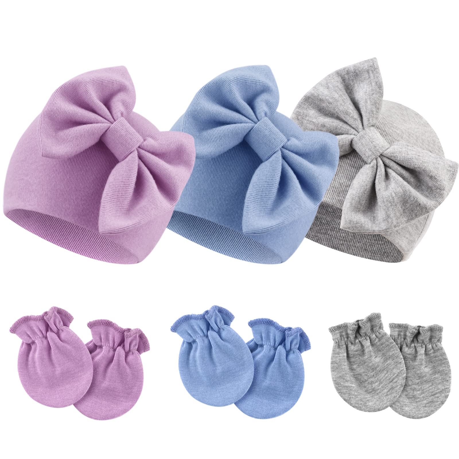 DRESHOW Newborn Baby Hats Mittens Set Hospital Hat Beanie Infant Bow Hats Baby Cotton Gloves No Scratch Mittens for 0-6 Months