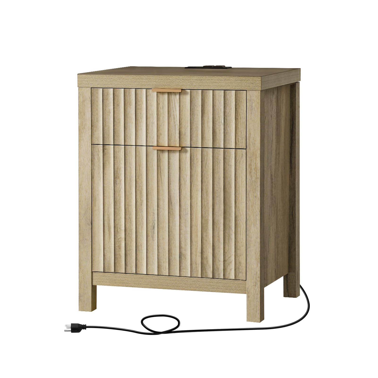 Oxford 2 Drawer Nightstand, End Table with Charging Station, Night Stand with Fluted Panel, Farmhouse Sofa Bed Side Table for Bedroom, Living Room (Sunwashed Ash Oak)