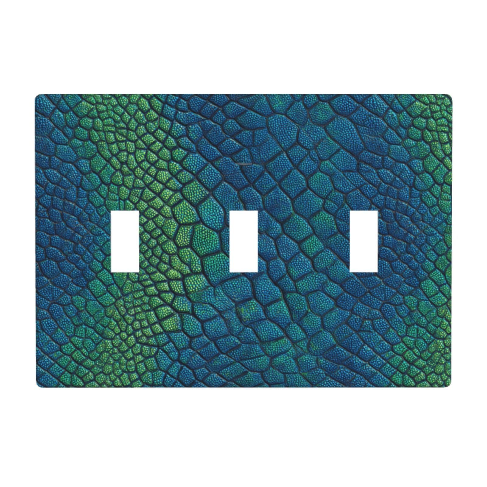 Blue Iridescent Iguana Skin Pattern Light Switch Covers 3 Gang Triple Toggle Wall Plate Switchplate Electrical Faceplate for Bathroom Kitchen Bedroom Decor