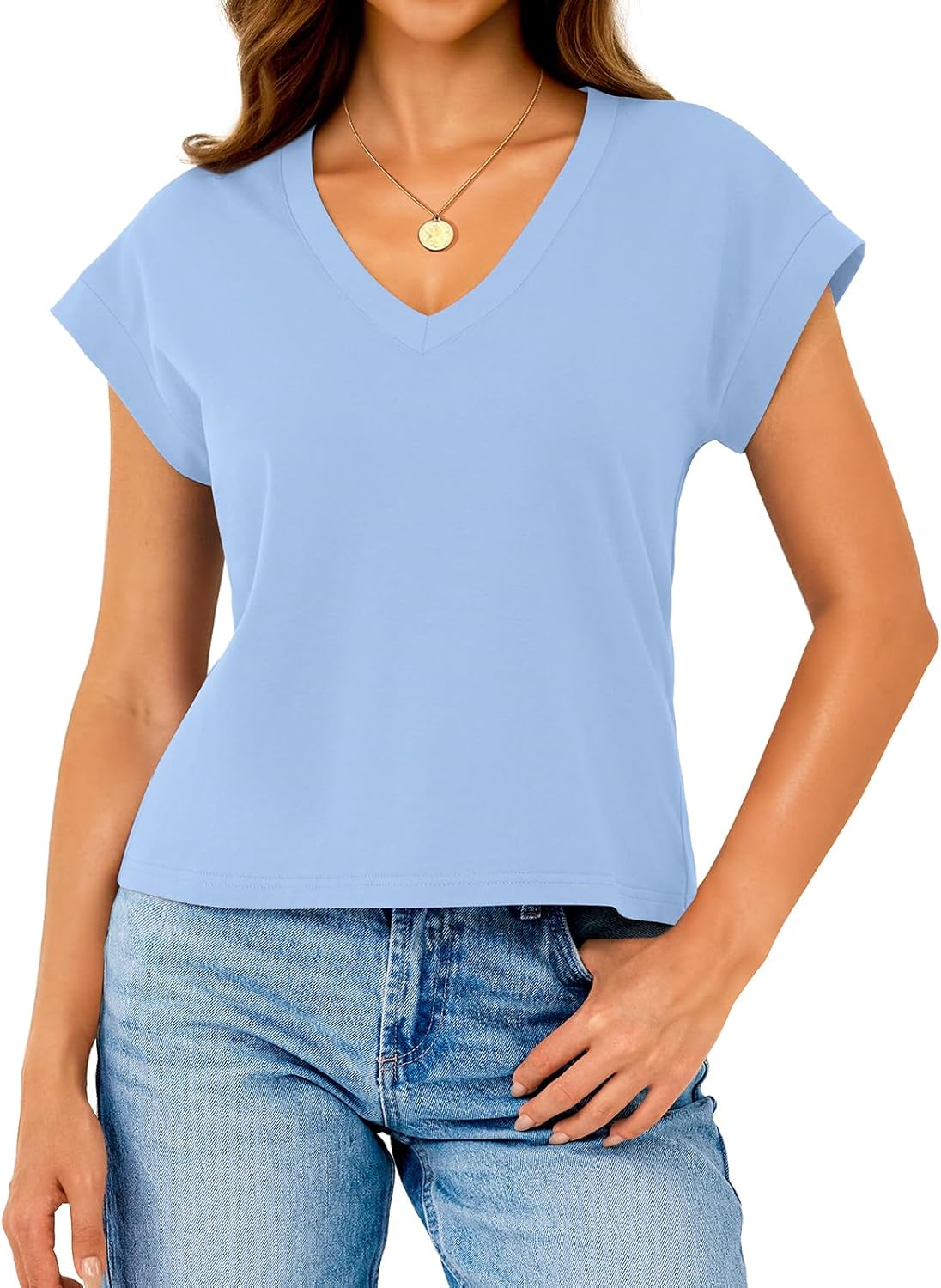 Womens Cotton Tops Cap Short Sleeve Crop V Neck Basic Shirts Boxy Casual Spring Summer Clothing Outfits - Image 2