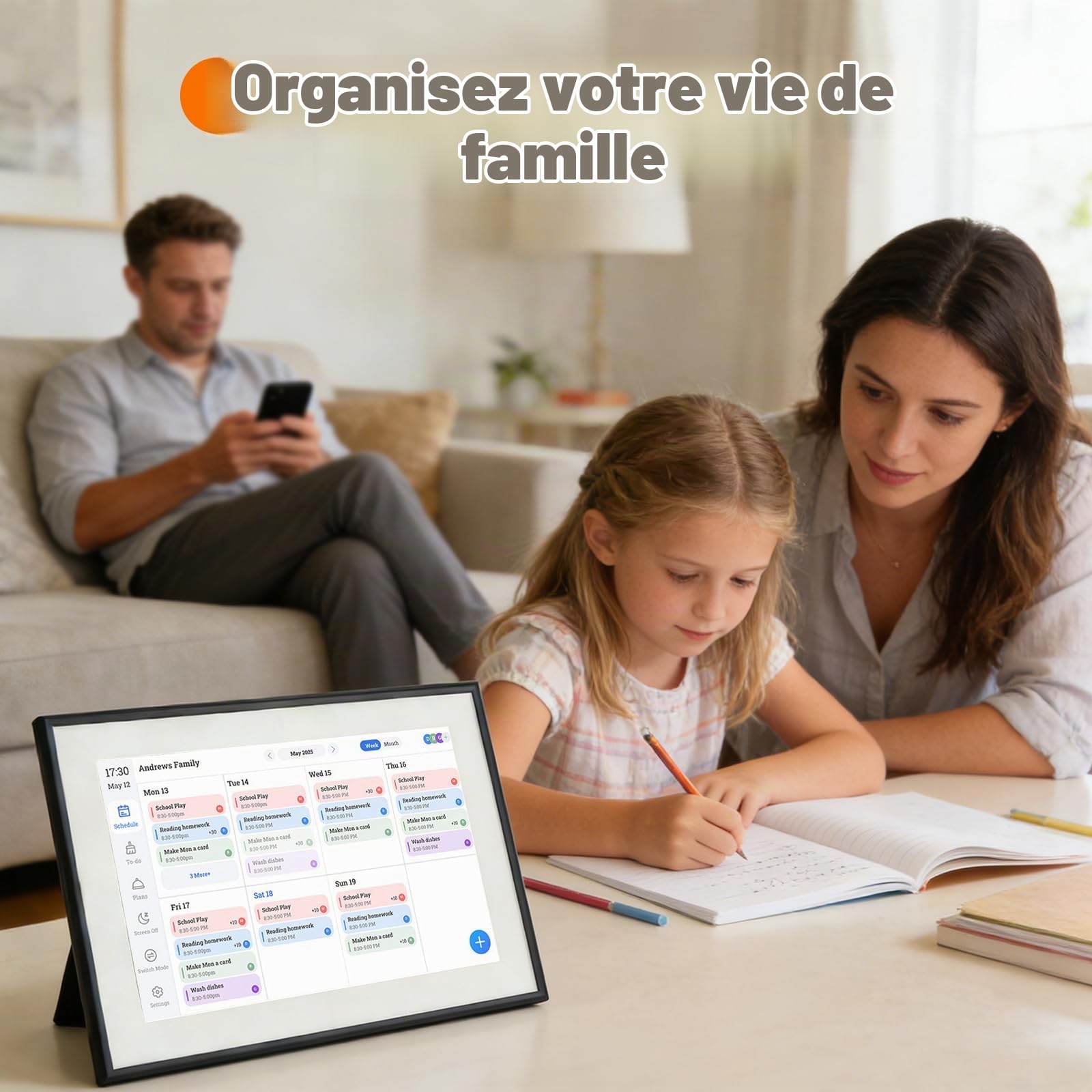 Calendrier Numérique 10,1" Écran Tactile – Organisateur Familial Central avec Synchronisation Wi-FI, Affichage Intelligent des Semaines, Repas, Agenda et Cadre Photo Numérique