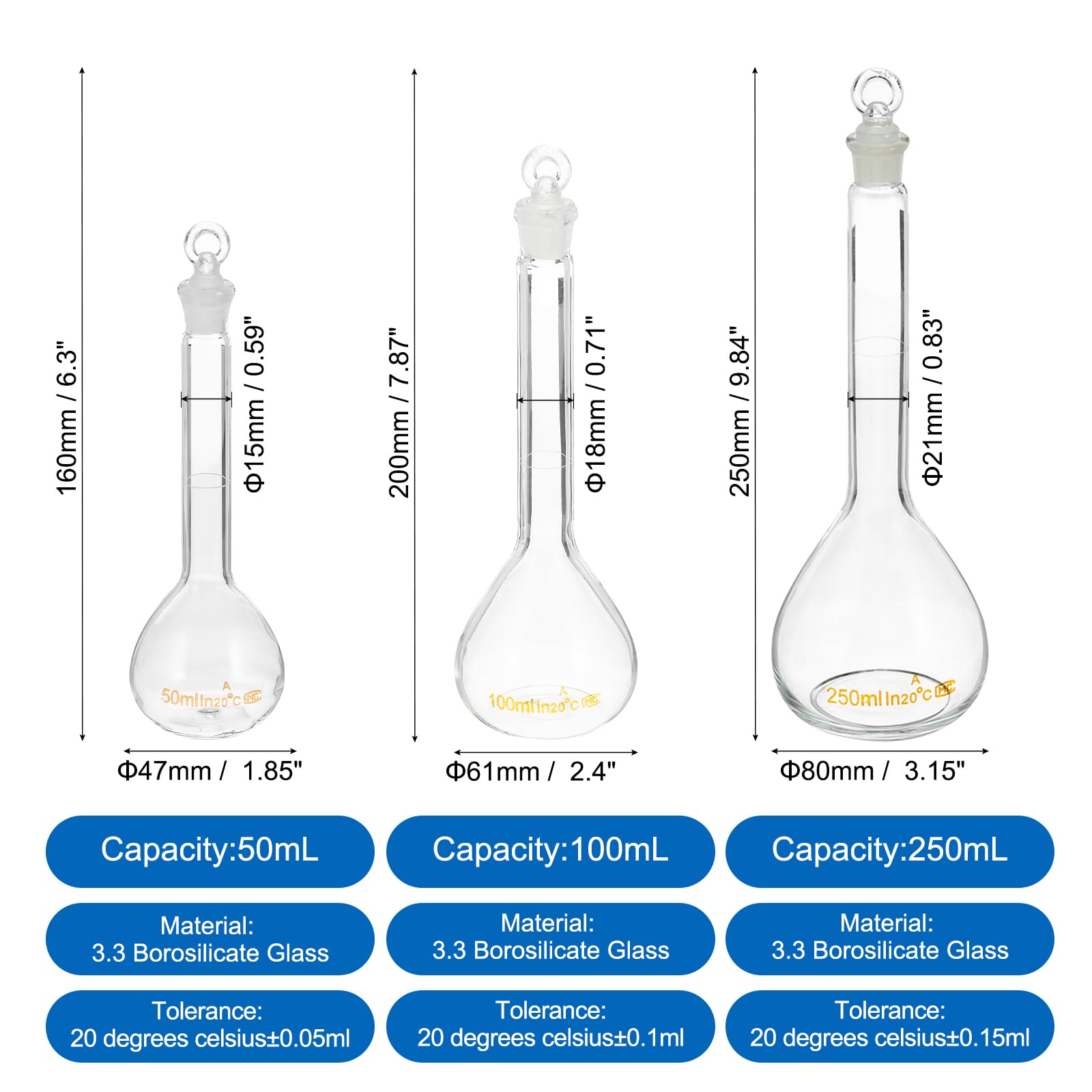 PATIKIL Matraccio Graduato da 50ml 100ml 250ml, Matraccio Graduato Graduata in Vetro Borosilicato 3.3 con Tappo in Vetro Tolleranza 0.24ml per Esperimenti di Laboratorio, Trasparente