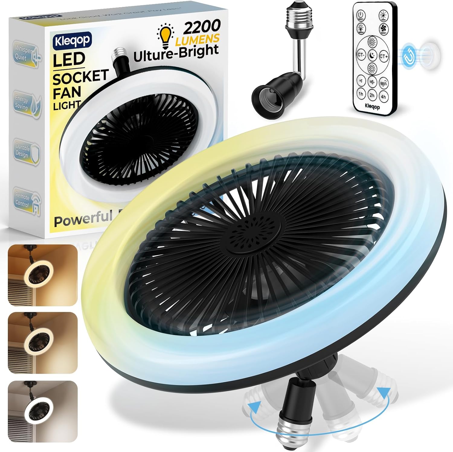 Product image of Black Screw in Ceiling Fan in Light Socket, 2200LM LED Light Bulb Fan with Remote and Extender, Adjustable Angle Socket Fan Light, Small Socket Air light and fan for Kitchen Closet Bathroom Laundry