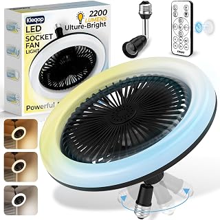Black Screw in Ceiling Fan in Light Socket, 2200LM LED Light Bulb Fan with Remote and Extender, Adjustable Angle Socket Fan Light, Small Socket Air light and fan for Kitchen Closet Bathroom Laundry - Amazon product rated Grade A