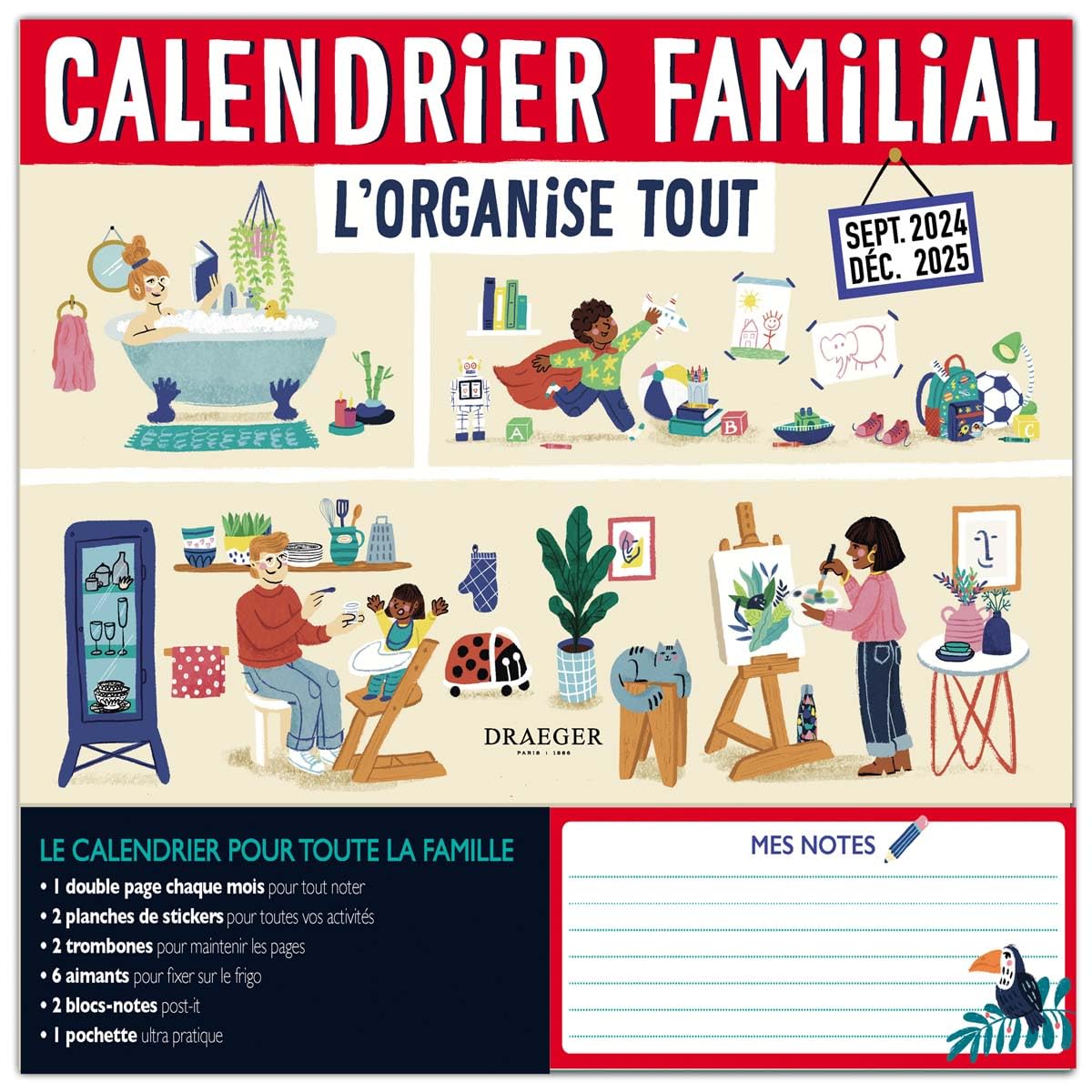 DRAEGER PARIS 1886 Calendrier Familial 2024-2025 16 Mois 28,5x28 cm Organisation Hebdomadaire 5 Colonnes Menus & Courses Stickers Inclus
