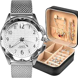 Relogio feminino prova dagua + pulseira + colar casual prata