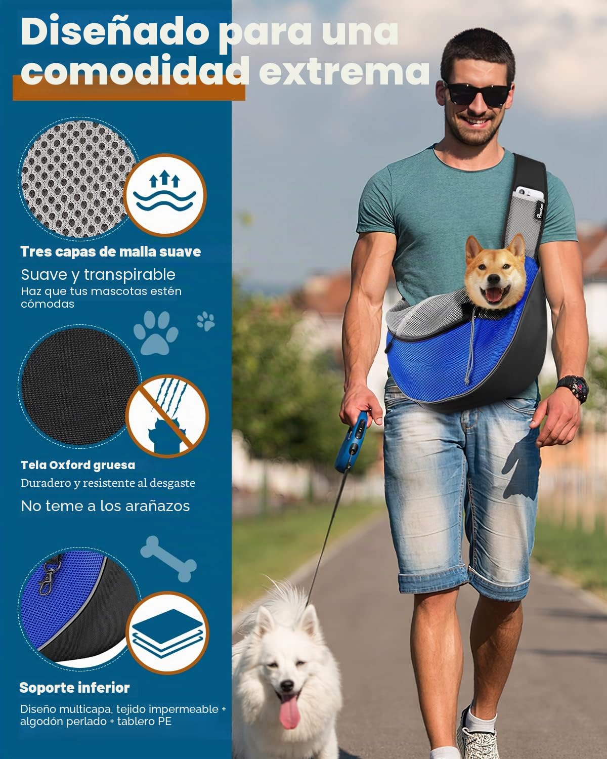 Pawaboo Bolso Bandolera para Perros, Bolsa Portátil para Mascotas con Correa Ajustable y Bolsillos, Bolsa de Mensajero Transpirable Cómoda con para Cachorros Gatitos para Viajar, XL, Azul