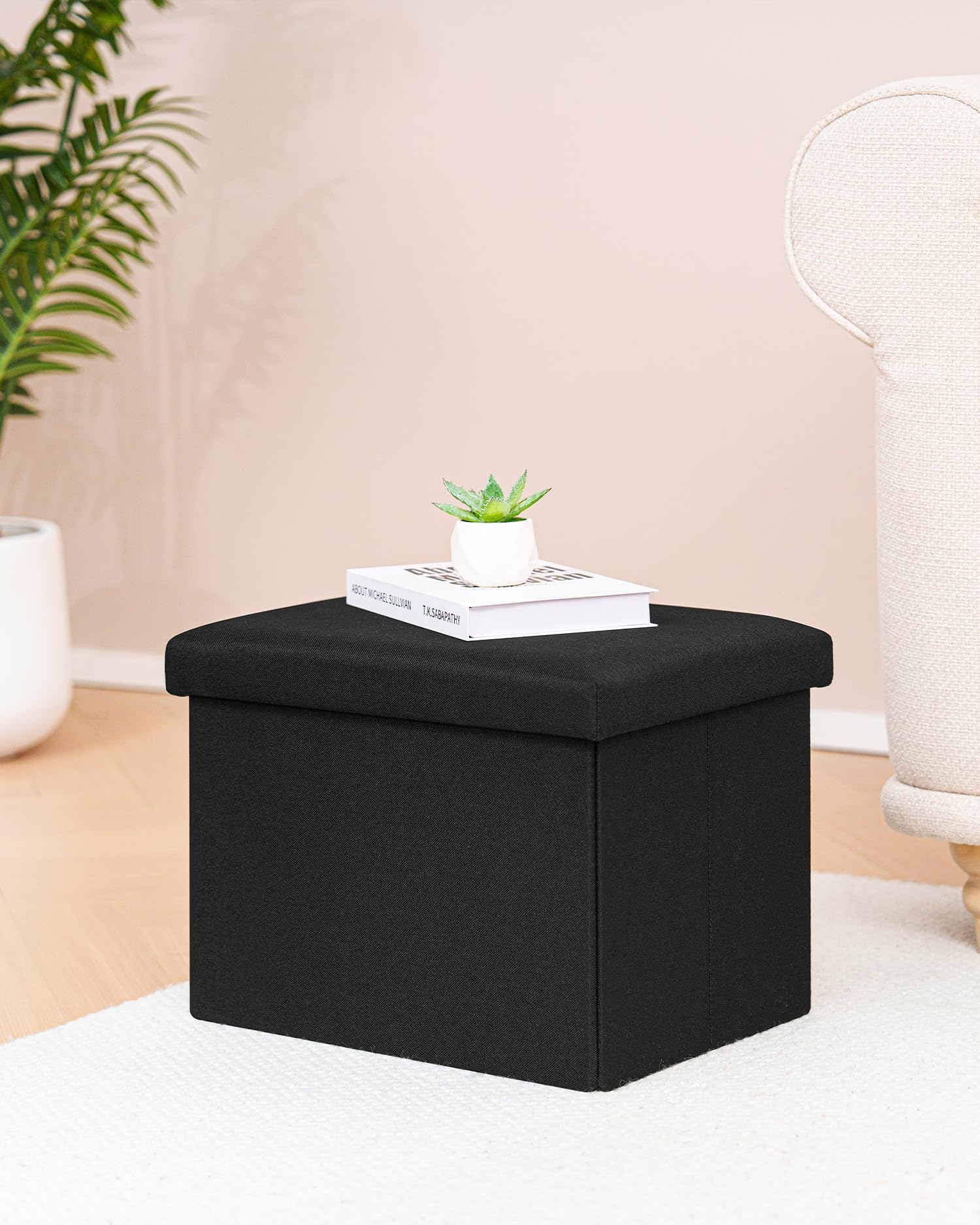 Bonlife Black Ottoman Storage Box, Foldable Rectangular Footstool for Living Room Kids Toy Chest with Lid - Image 2