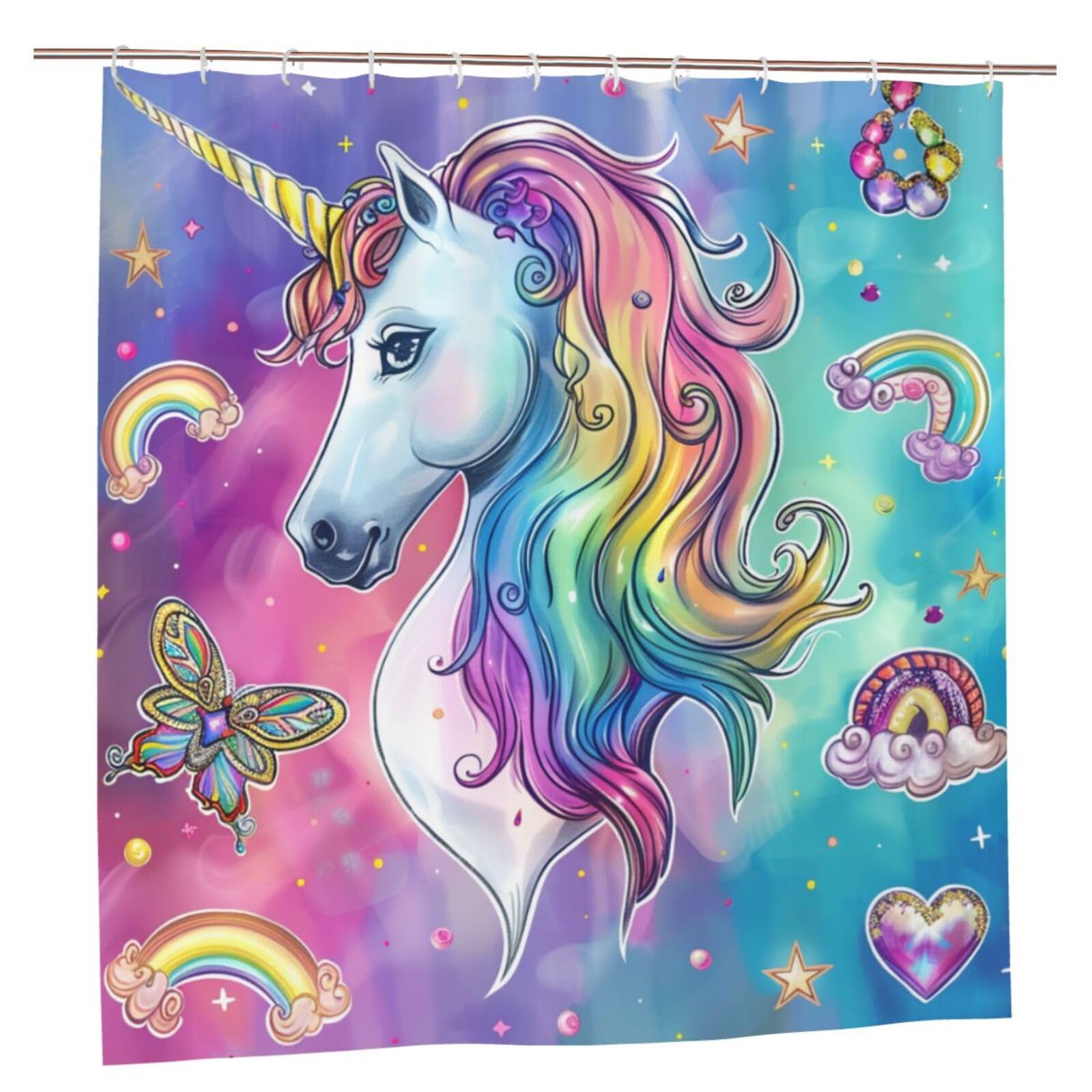 BWWHCCTI Rainbow unicorn Printed Shower Curtain With 12 Plastic Hooks Opaque Quick Drying Waterproof Shower Curtains Sets For Bathroom 183x183 CM