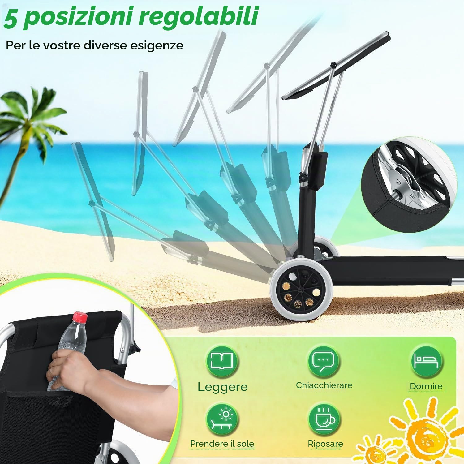 Sedia a sdraio, 2 lettini da giardino, pieghevoli, con protezione solare, 2 ruote, da campeggio, pieghevole, con ruote, schienale regolabile, colore nero
