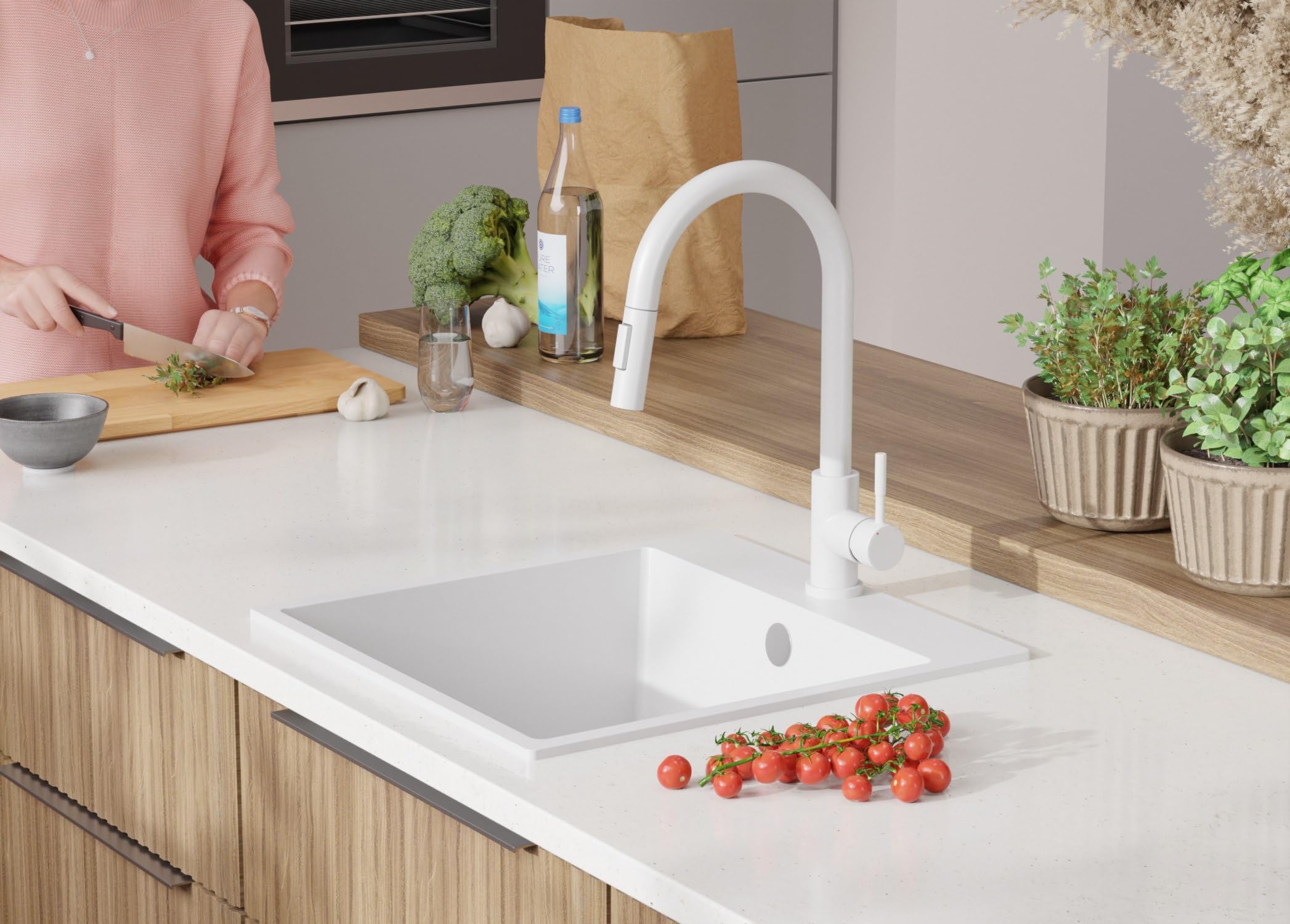 PRIMAGRAN Fregadero Granito Blanco 48x50cm, Cocina 1 Seno + Grifo 32x20cm + Sifón, Sobre Encimera al Mueble 50cm - Riga S227