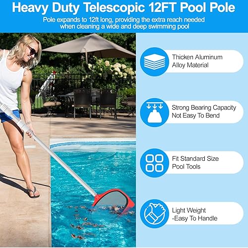 Miniatura 3 de YEECHUN Palo de piscina profesional grueso de 12 pies telescópico de aluminio se adapta a red de piscina, rastrillo de cabeza de vacío, equipo de
