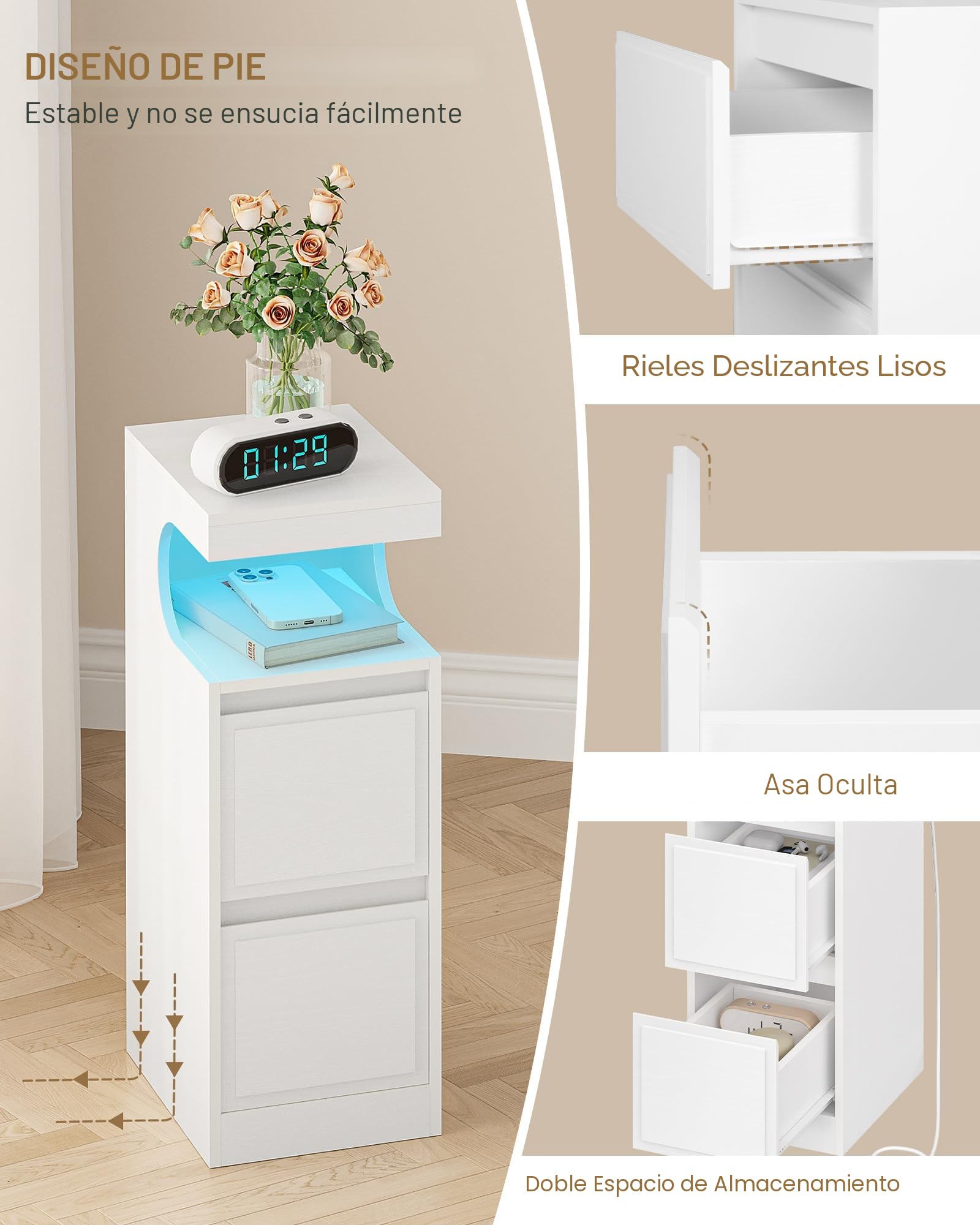 Hzuaneri Mesilla de Noche con LED, Mesas Auxiliares con 2 Cajones, Mesilla de Noche con Compartimento Abierto, luz Regulable, para Dormitorio, Salón, 30 x 24 x 65 cm Blanco NS39113X