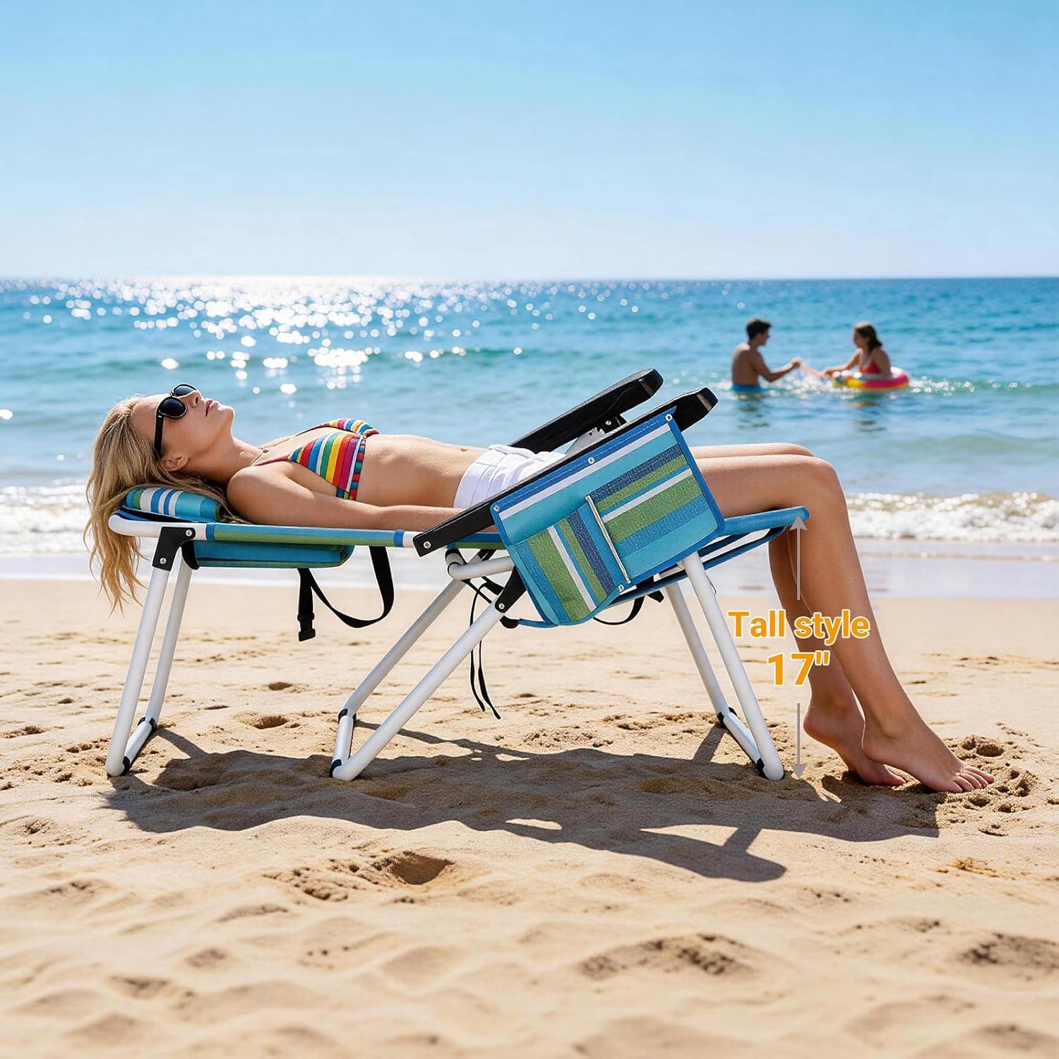 ABORON 17'' Tall Folding Beach Chair with Backpack Straps, 5-Position Reclining Lounge Chair, Heavy Duty 600D Oxford Fabric, Insulated Cooler Bag & Side Pocket for Outdoor, Camping, Poolside