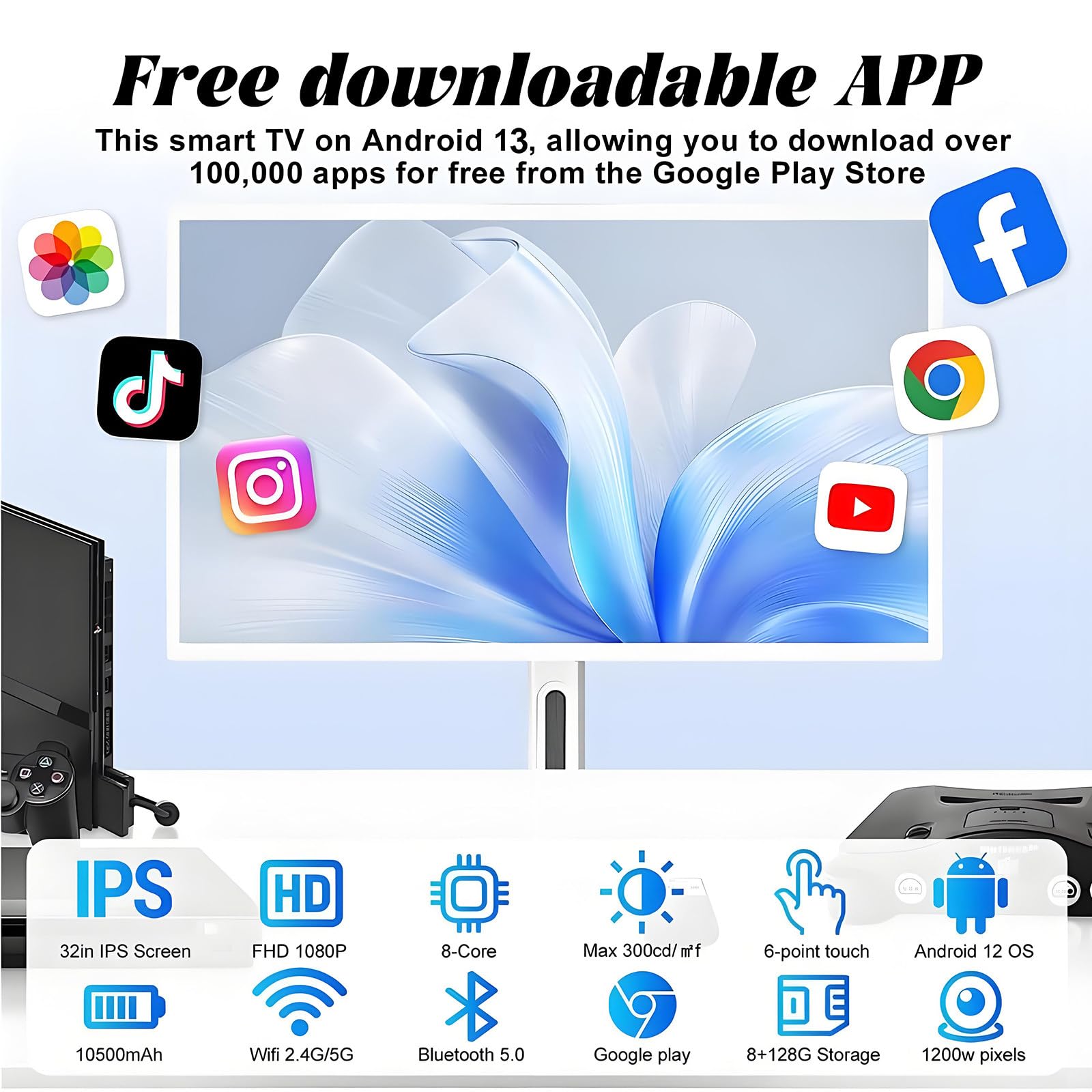 Genérico Televisor Inteligente portátil con Pantalla táctil de 24 Pulgadas sobre Ruedas, Pantalla inalámbrica 1080p con Sistema operativo Android, 8 GB de RAM y 128 GB de Almacenamiento (32 Pulgadas)