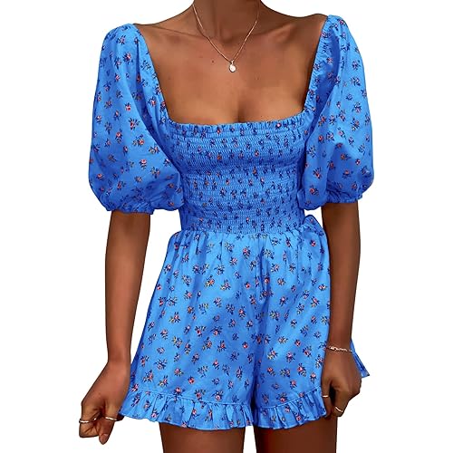 Jeanewpole1 Women Shirred Smocked Tube Top Short Wide Leg Pants Romper Jumpsuit