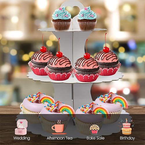 Miniatura 4 de Soporte de torre para cupcakes, 2 unidades, soporte negro para cupcakes, soporte de 3 niveles para 24 cupcakes, soporte de cartón para tartas,