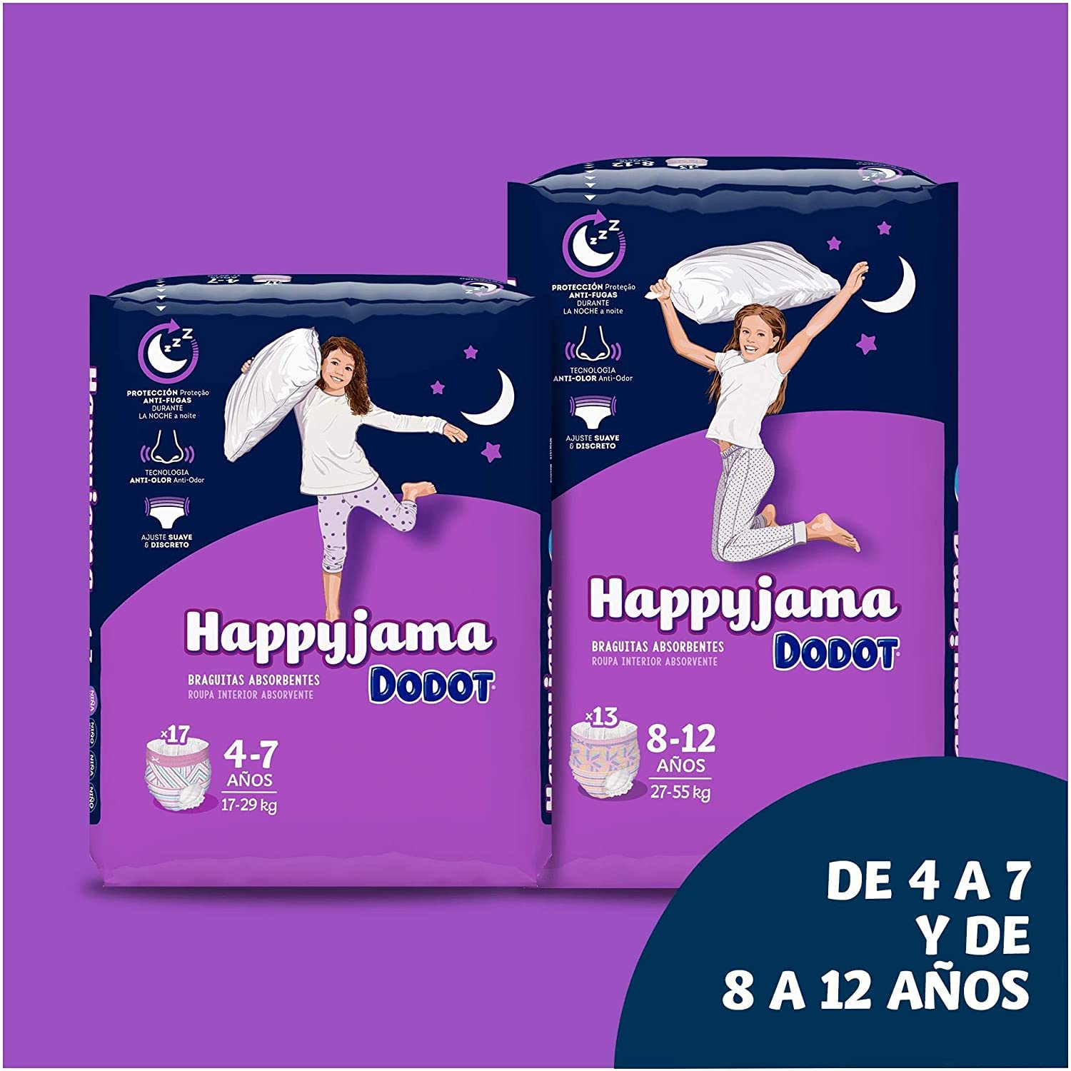 Dodot Pañales HappyJama para Niña 8 -12 Años (27-55 kg), 52 Unidades, Pañal con Protección Anti-Fugas Durante la Noche
