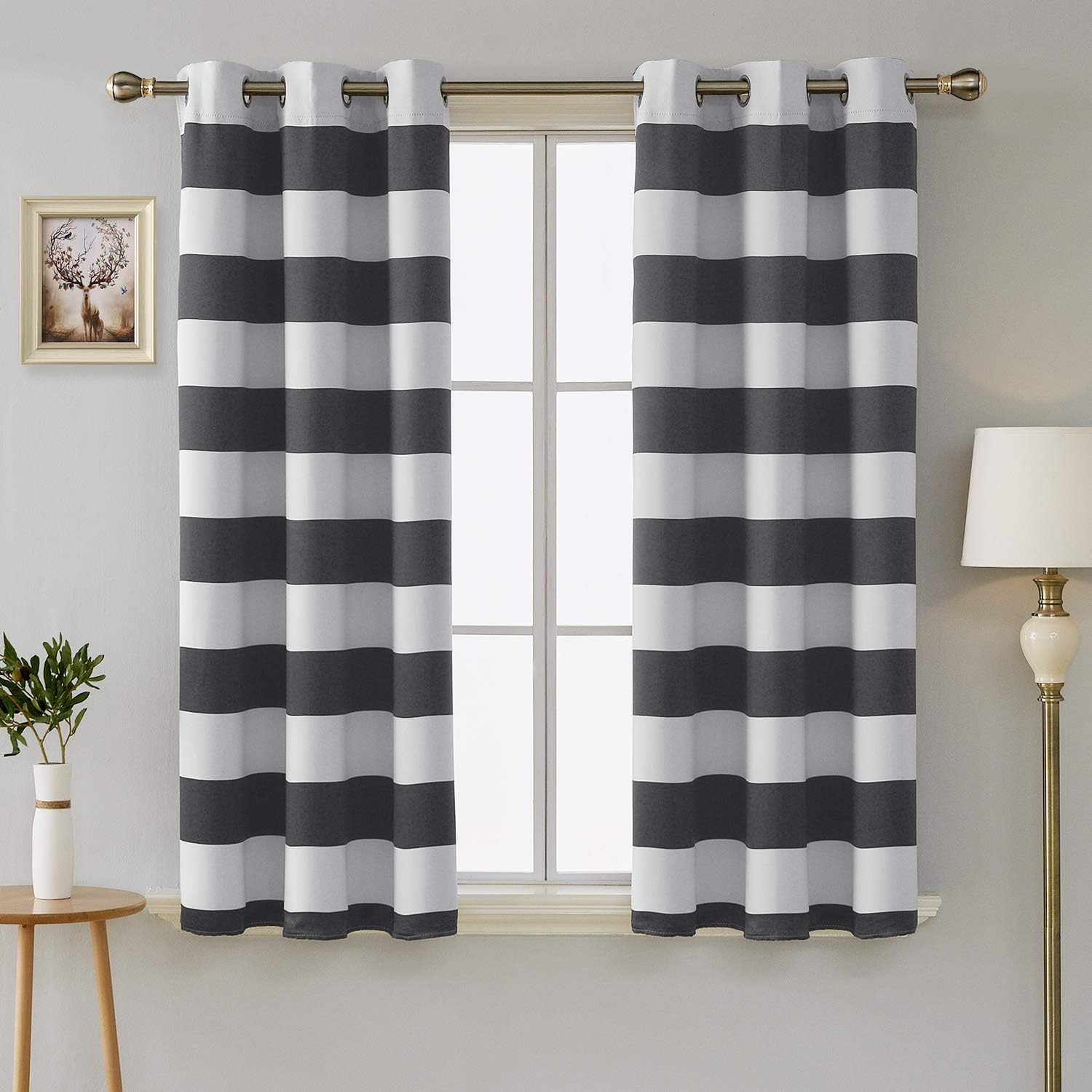 Deconovo Grey Grommet Blackout Window Curtains Thermal Insulated Grey and Greyish White Striped Curtains for Bedroom 42W X 63L Gray 2 Panels