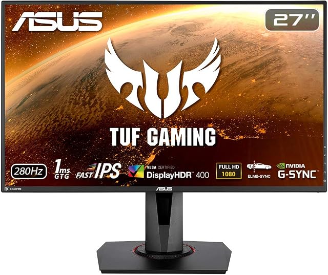 ASUS TUF Gaming VG279QM HDR Gaming Monitor - 27 Inch Full HD (1920 x 1080), Fast IPS, 280Hz, 1 ms (GTG), Extreme Low Motion Blur Sync, G-SYNC Compatible, DisplayHDR 400, Black