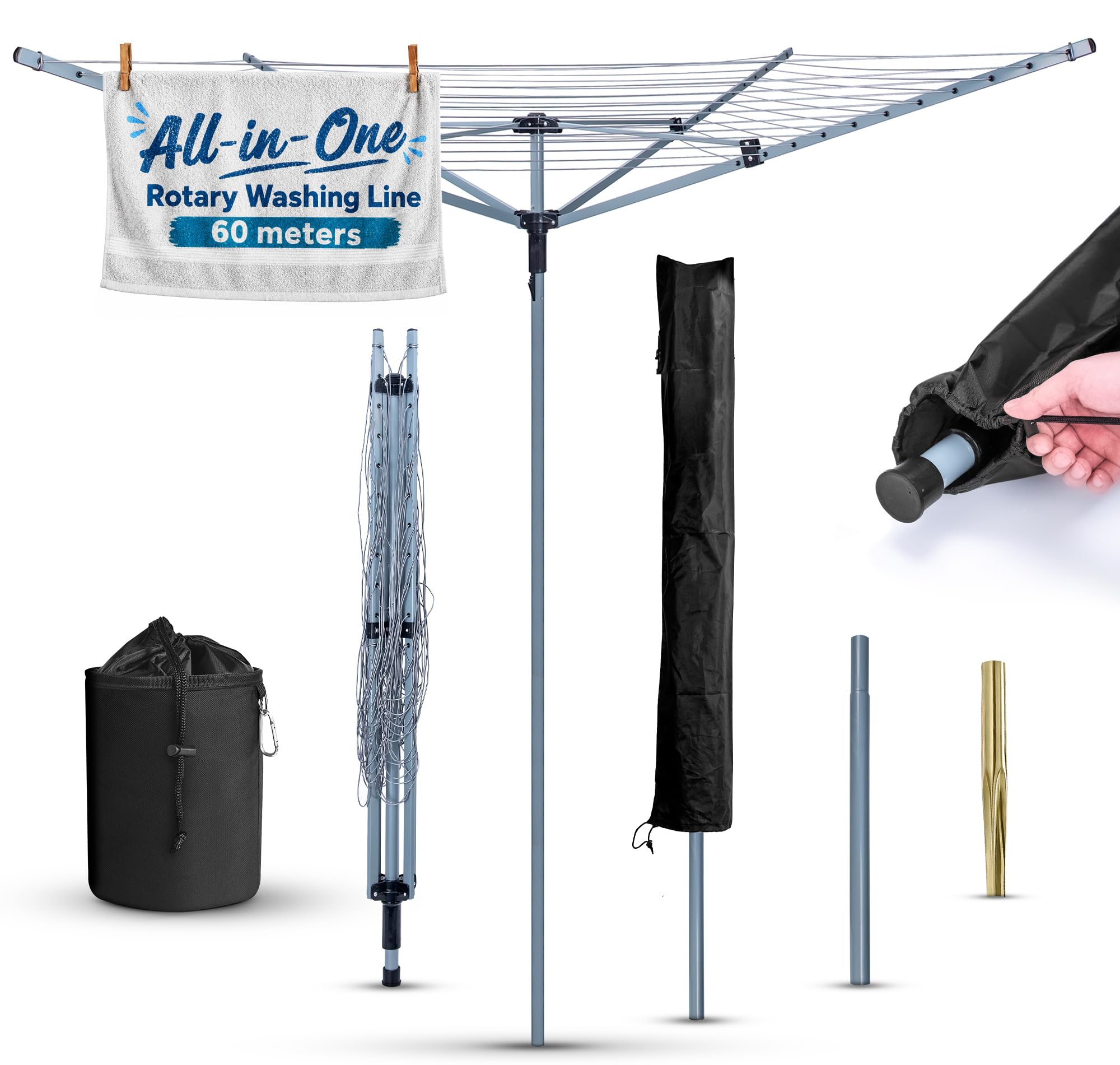 Heavy Duty Rotary Washing Line Outdoor, 4 Arm 60M Washing Line Rotary with Peg Bag, Metal Ground Spike, and Cover Included, Rotary Clothes Lines for Outside, Whirlygig Clothes Airer Outdoor