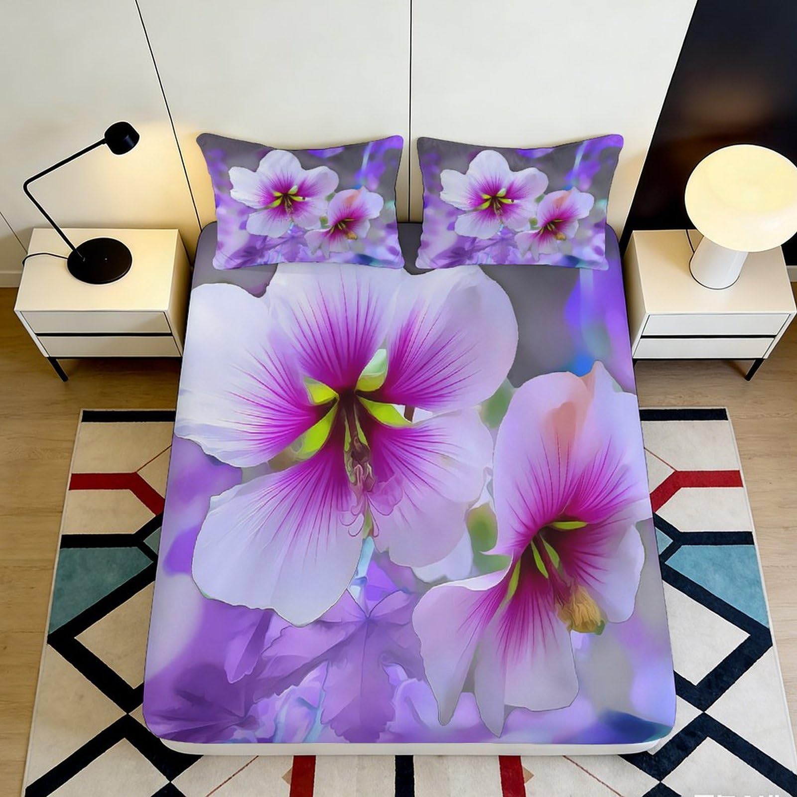 3D Printed Purple Orchid Fitted Sheet Microfiber Soft Breathable Floral Bed Cover for Bedroom Dormitory Guest Room Mattress Protection Decoration 120x200x25cm