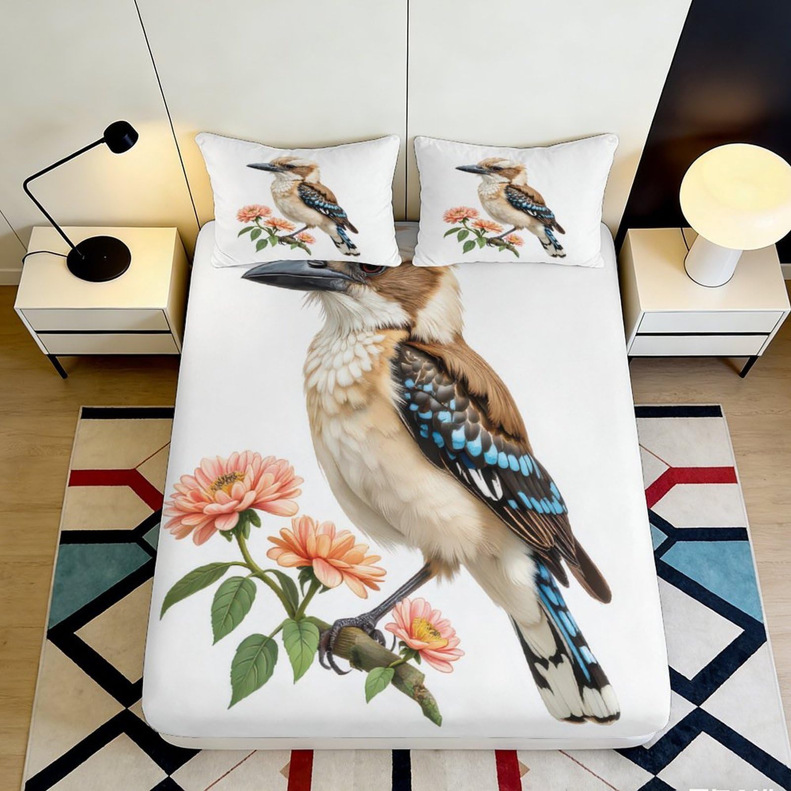 3D Printed Kookaburra Bird Fitted Sheet Microfiber Soft Breathable Floral Bed Cover for Bedroom Dormitory Guest Room Mattress Protection Decor 200x200x25cm