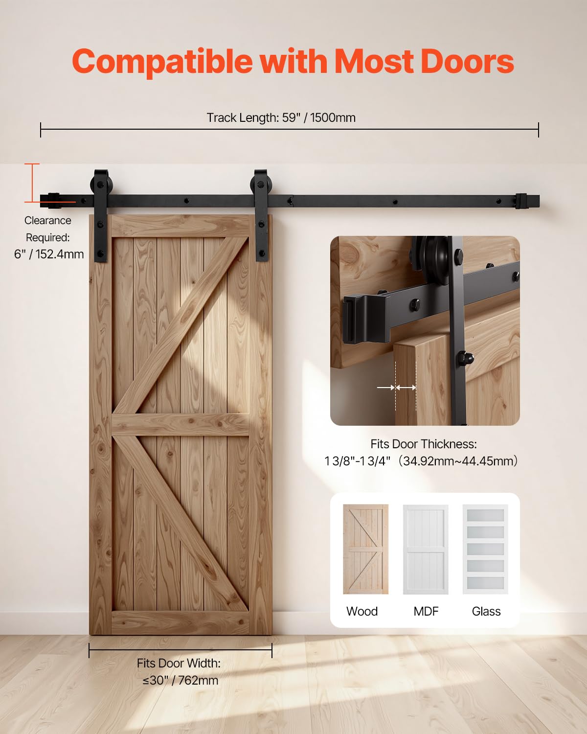 VEVOR Kit Ferramenta per Porta Scorrevole da Fienile 1524 mm, Capacità 150 kg, Compatibile con Larghezza max. 762 mm e Spessore da 34,9 a 44,45 mm, Binario Resistente e Rullo a Forma J, Nero