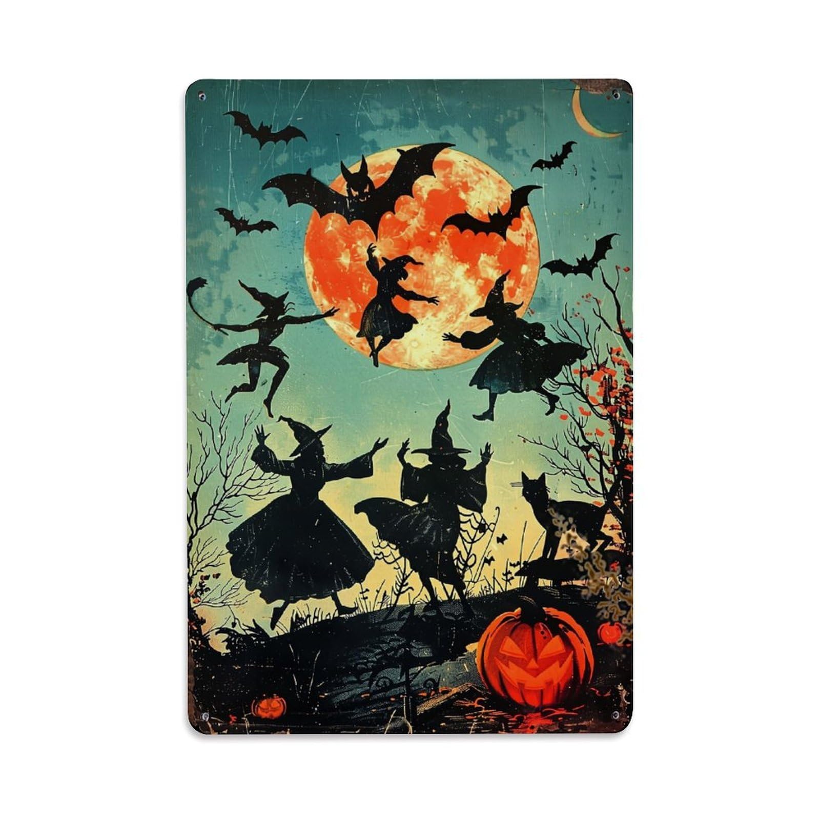 Witches Flying Under Moon Retro Metal Tin Sign, Vintage Metal Poster for Bar, Home, Man Cave, Kitchen, Laundry Room Art Decor 8x12 Inch