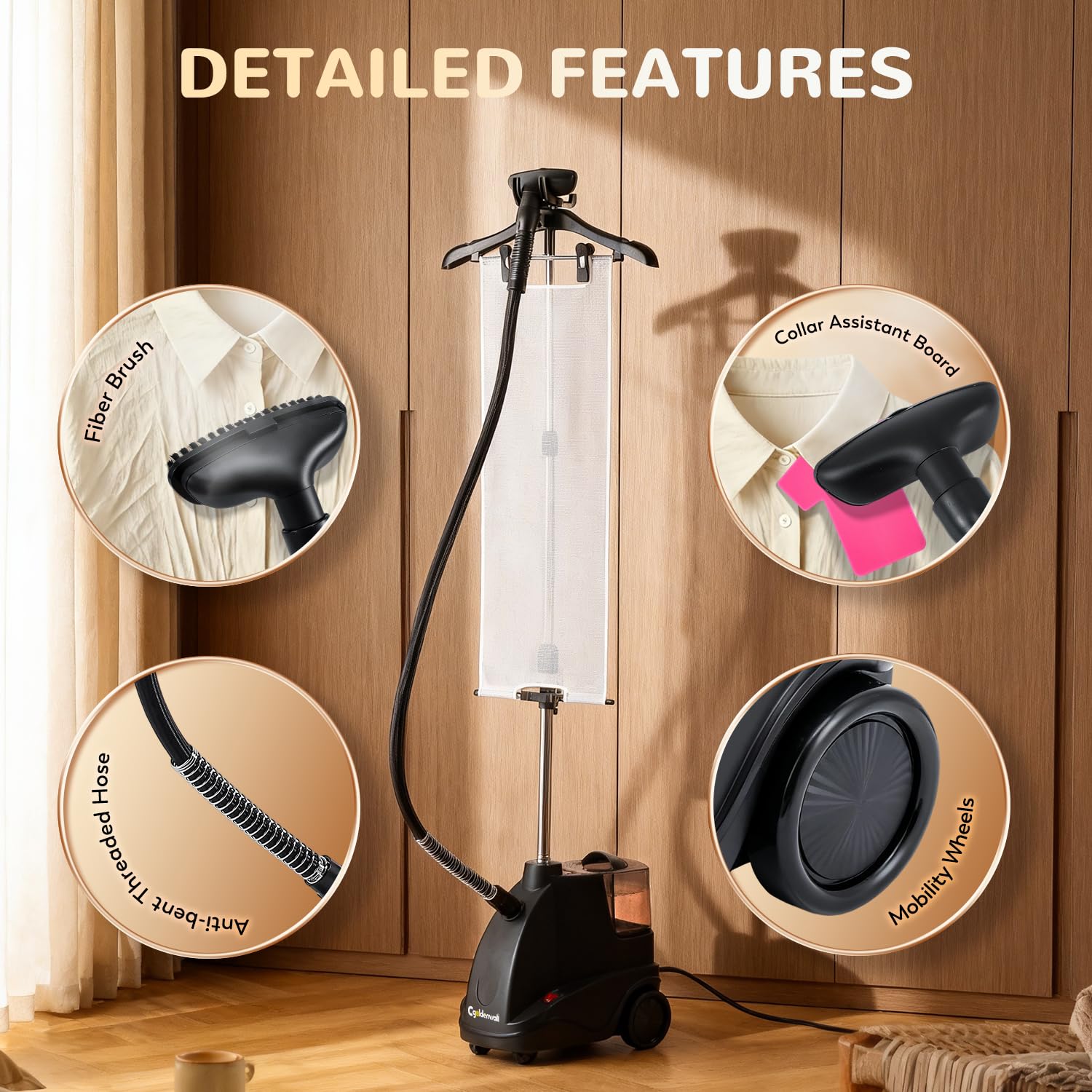 CGOLDENWALL Stiratrice a Vapore Verticale 1500W, Riscaldamento Rapido in 40 Secondi, Serbatoio dell'Acqua da 2.9L, Doppia Regolazione Vapore per Tutti i Tessuti, con Set Completo di Accessori