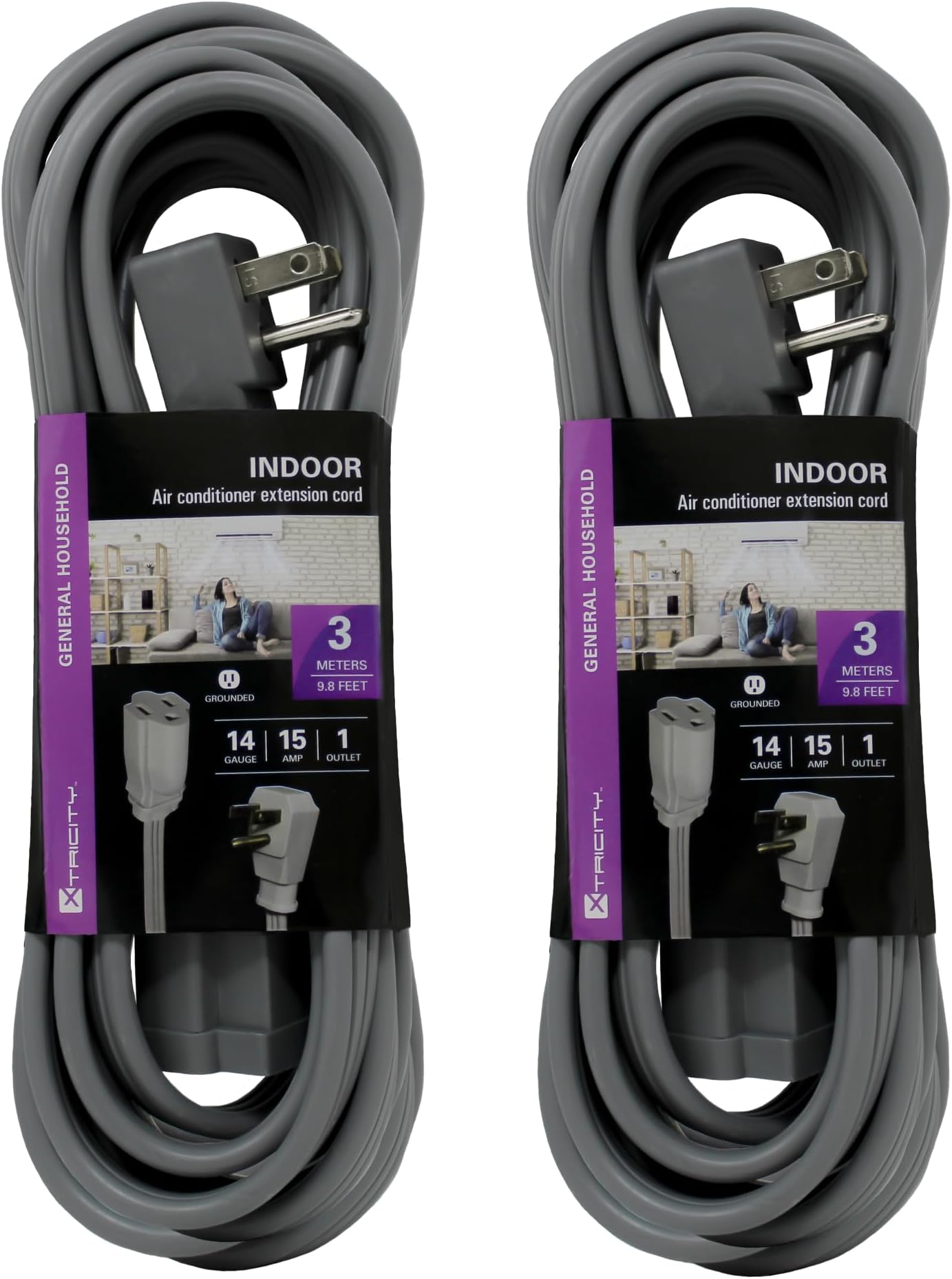 10 FT Heavy Duty Air Conditioner and Appliance Extension Cord, 14 Gauge, 15 Amp, ETL Listed, Grey (2 Pack)