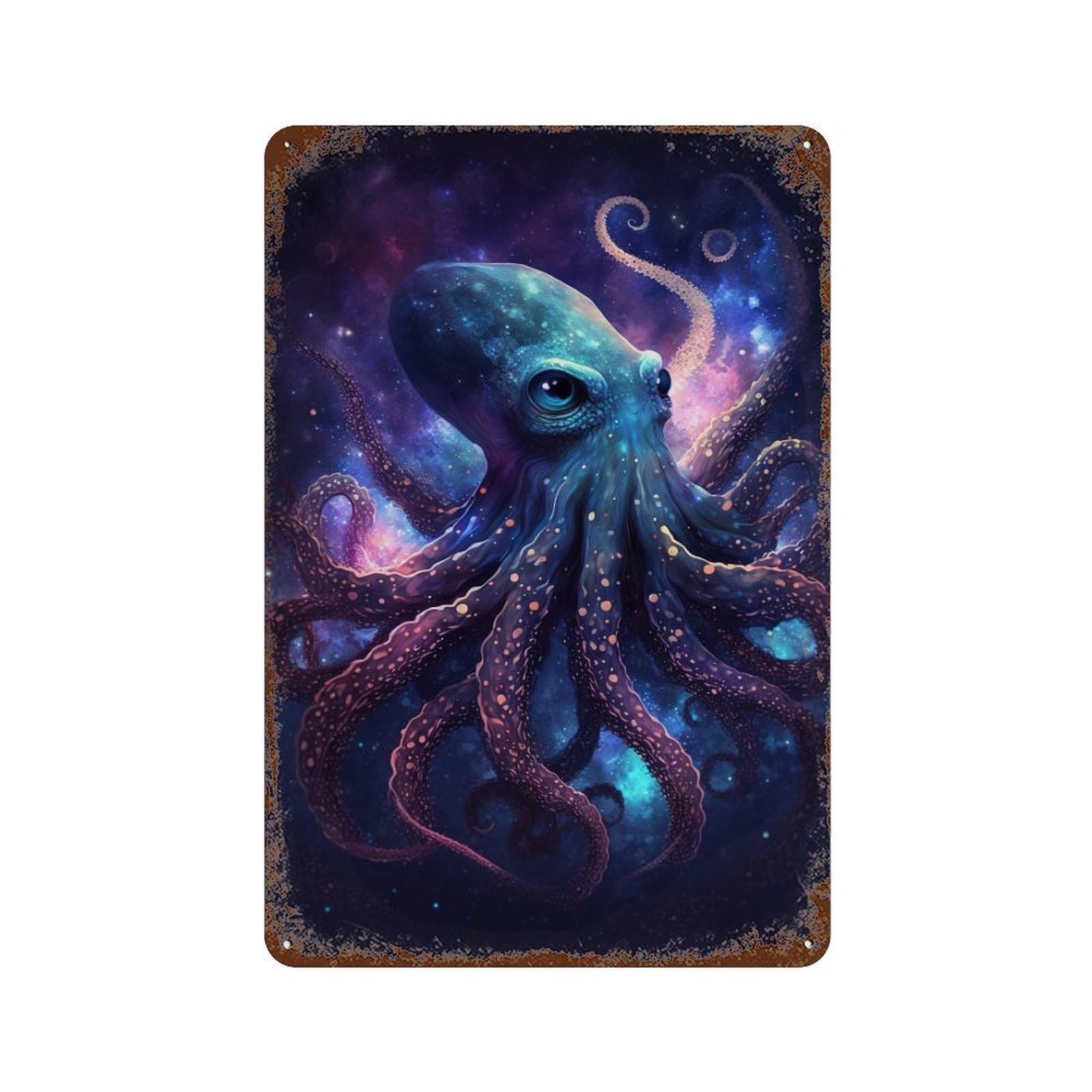 Galactic Octopus Art Print-7 Weathered Tin Sign 11.8"x7.9", Decorative Metal Wall Art for Garage, Bar And Workshop Decor