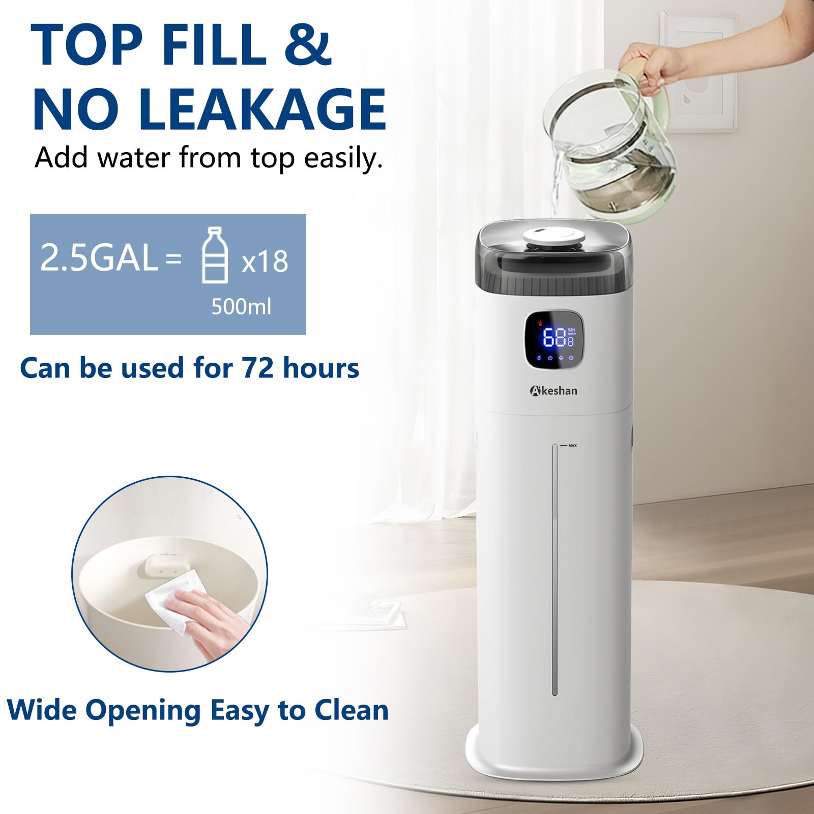 Akeshan - Humidificador grande para recámara, 9 L/2.5 galones, niebla fría ultrasónica, fácil de limpiar con velocidad de niebla grande de 350 ml/h, control remoto, torre silenciosa, adecuado para