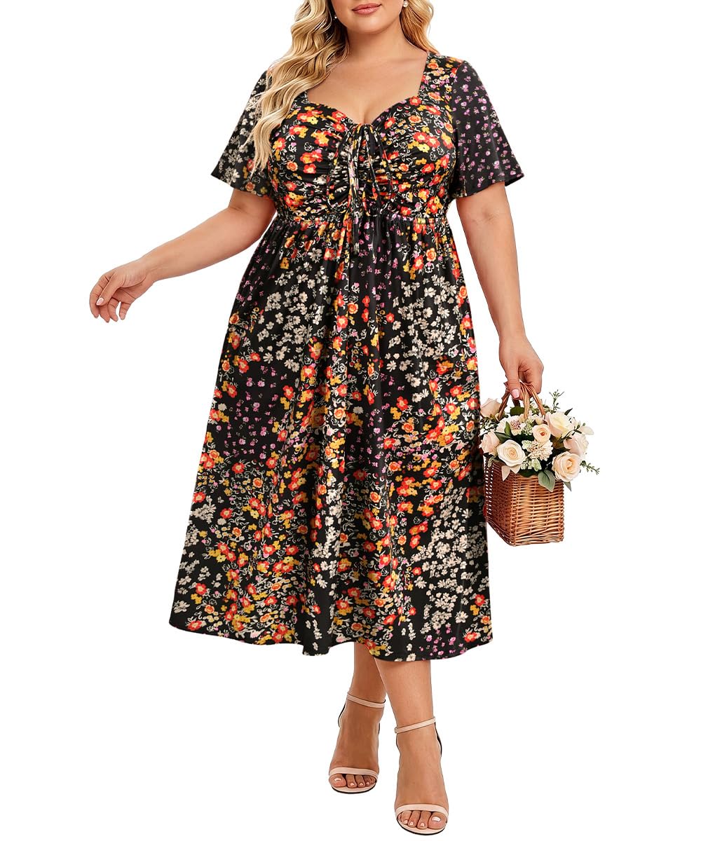 CARCOS Plus Size Dresses for Curvy Women Tie Sweetheart Neck Summer Maxi Dress Short Sleeve Empire Waist Floral Boho Dress