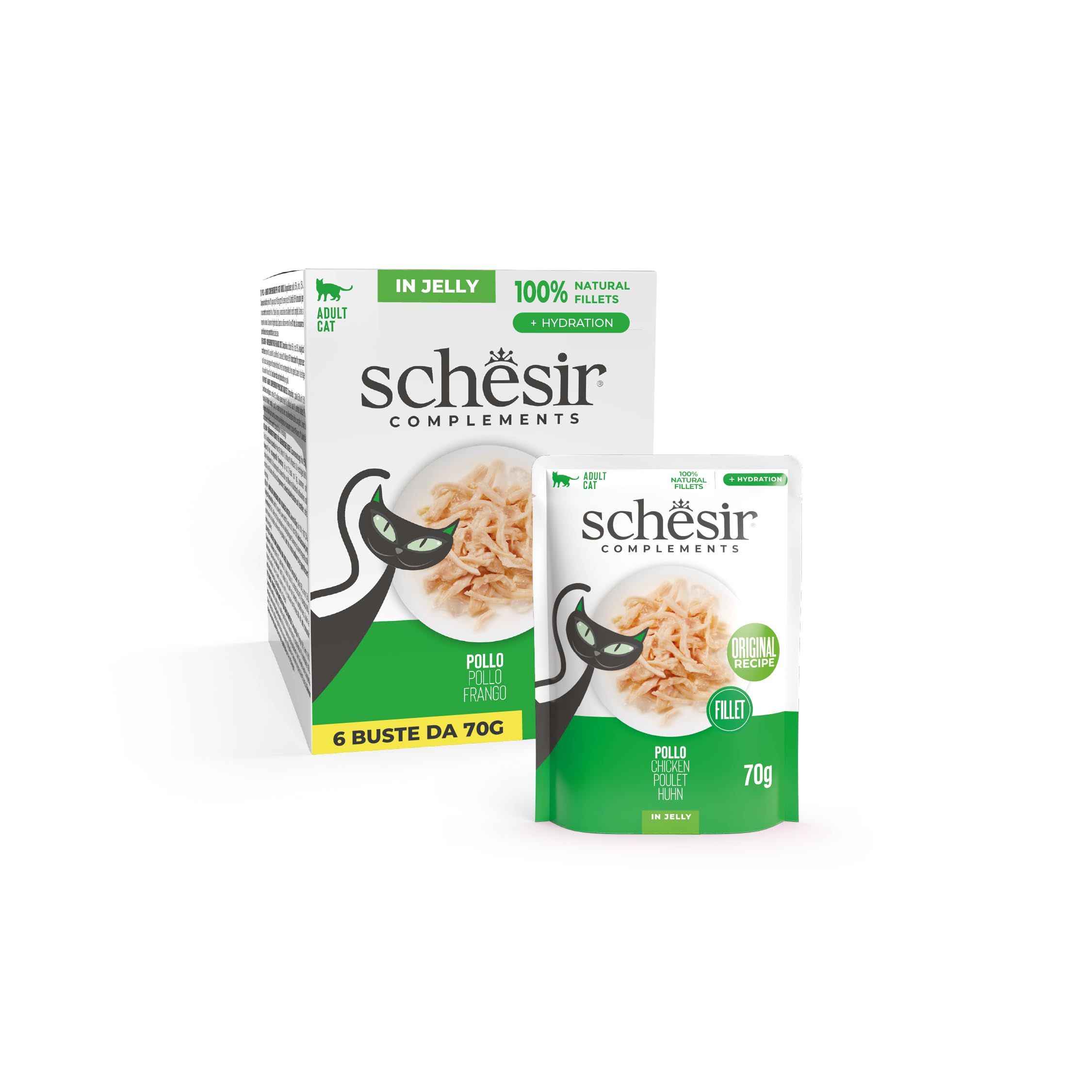 Schesir, Filety z kurczaka w galaretce, uzupełniająca mokra karma dla kotów, oryginalna receptura, w 100% naturalna, 6 torebek po 70 g