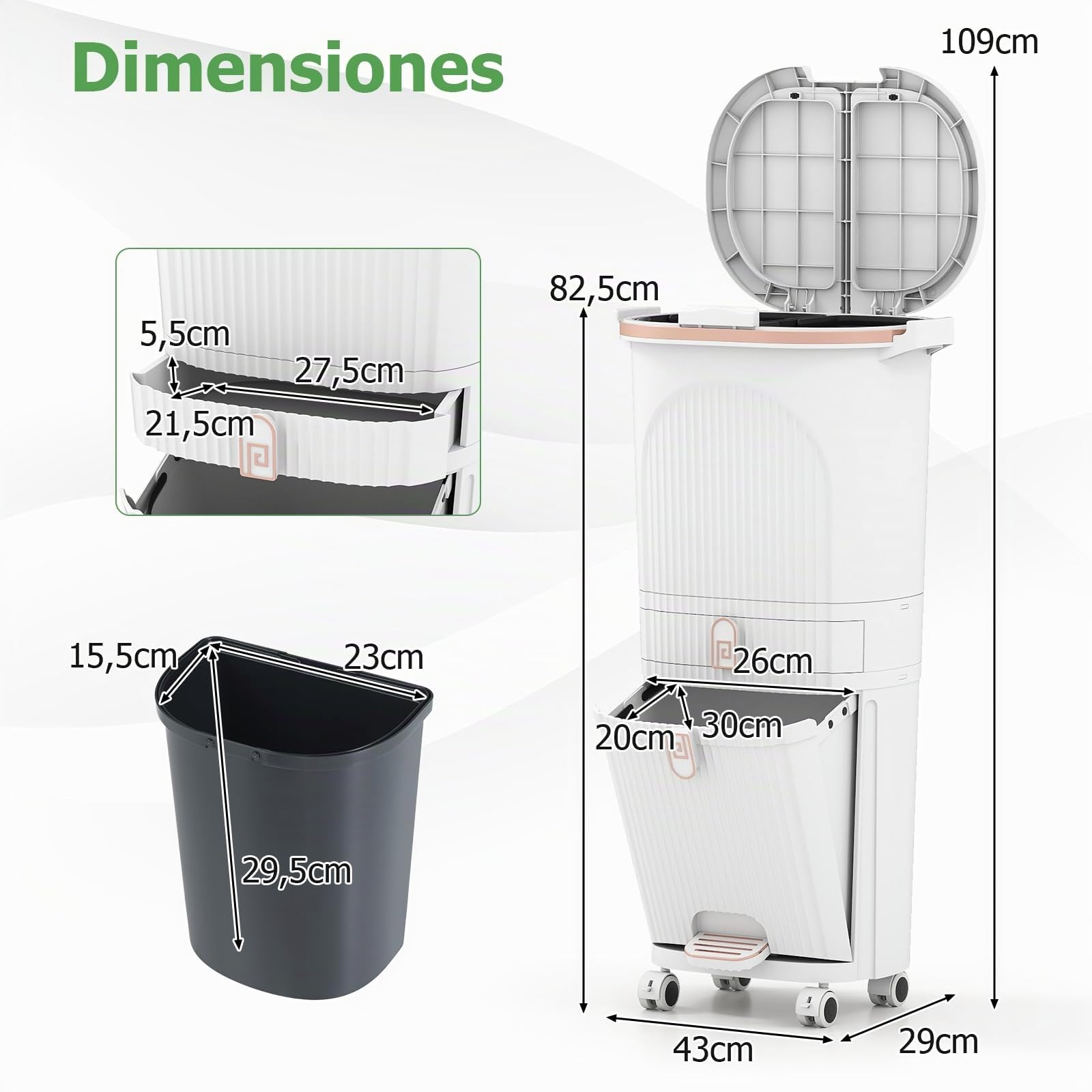 COSTWAY Cubo de Basura Cocina Reciclaje de 42L (12+12+14+4) L, Papelera de Reciclaje con 3 Compartimentos, 2 Cubos Extraíbles, Pedal y Ruedas, Contenedor de Residuos Cocina, 43x29x82,5 cm, Blanco