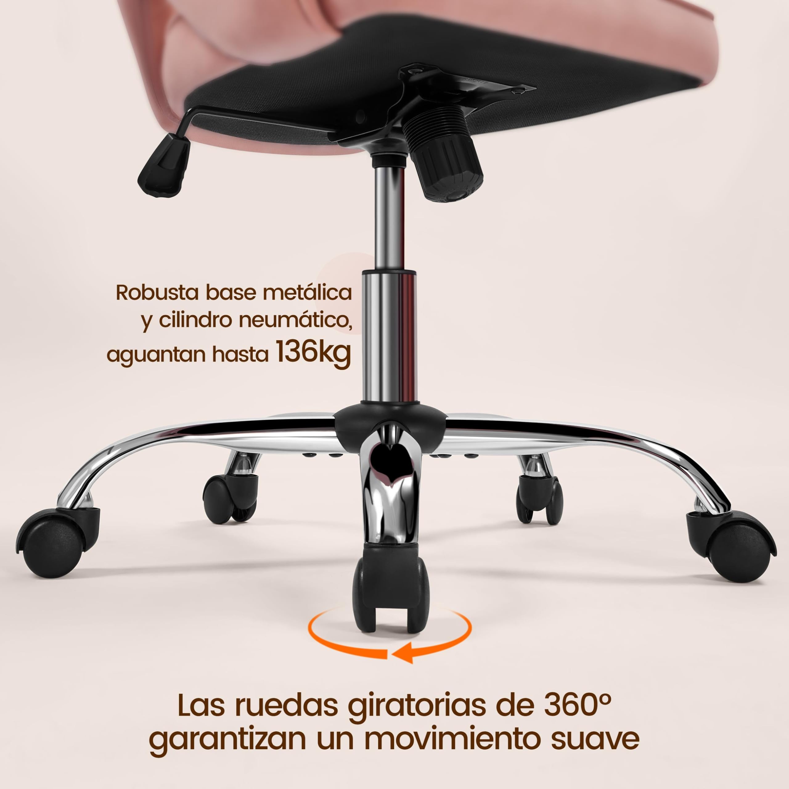 Yaheetech Silla de Oficina Silla de Terciopelo con Rudas Giratorias de 360° con Función de Inclinación Sillon para Trabajo Silla Altura Ajustable Tapizada de Terciopelo Rosa